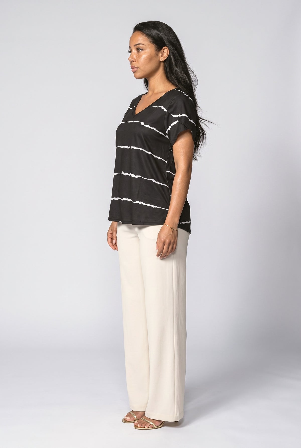 Knit V-Neck Striped T Shirt Women, back view