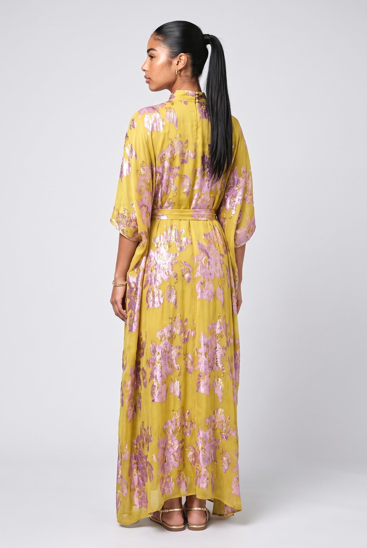 Yellow Floral High Neck Dress, back view
