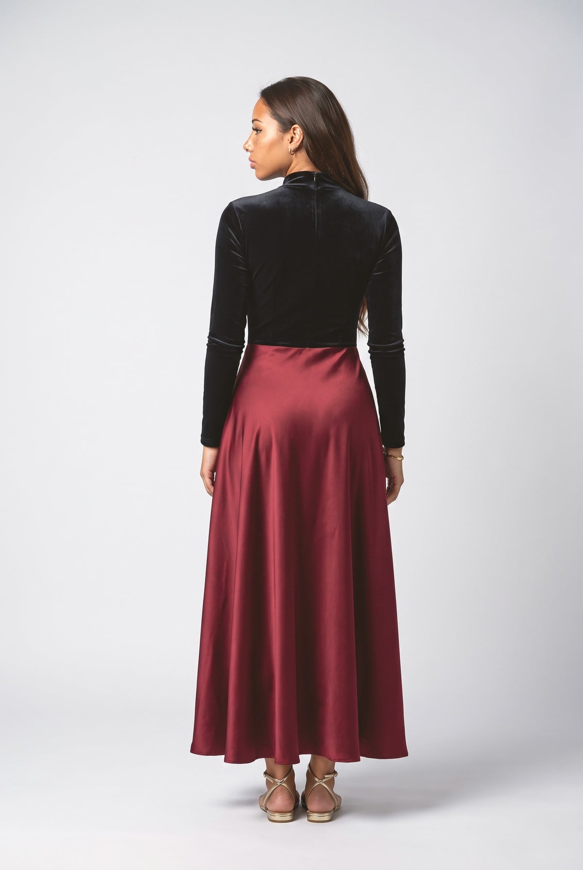 Velvet Satin Color-blocked Maxi Dress, back view