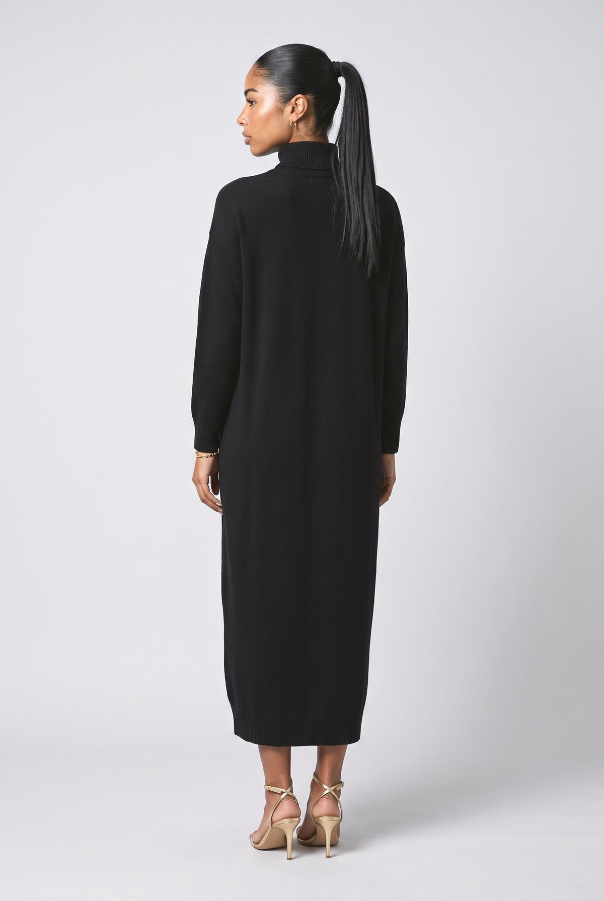 Knit High Neck Relaxed Midi Dress, back view