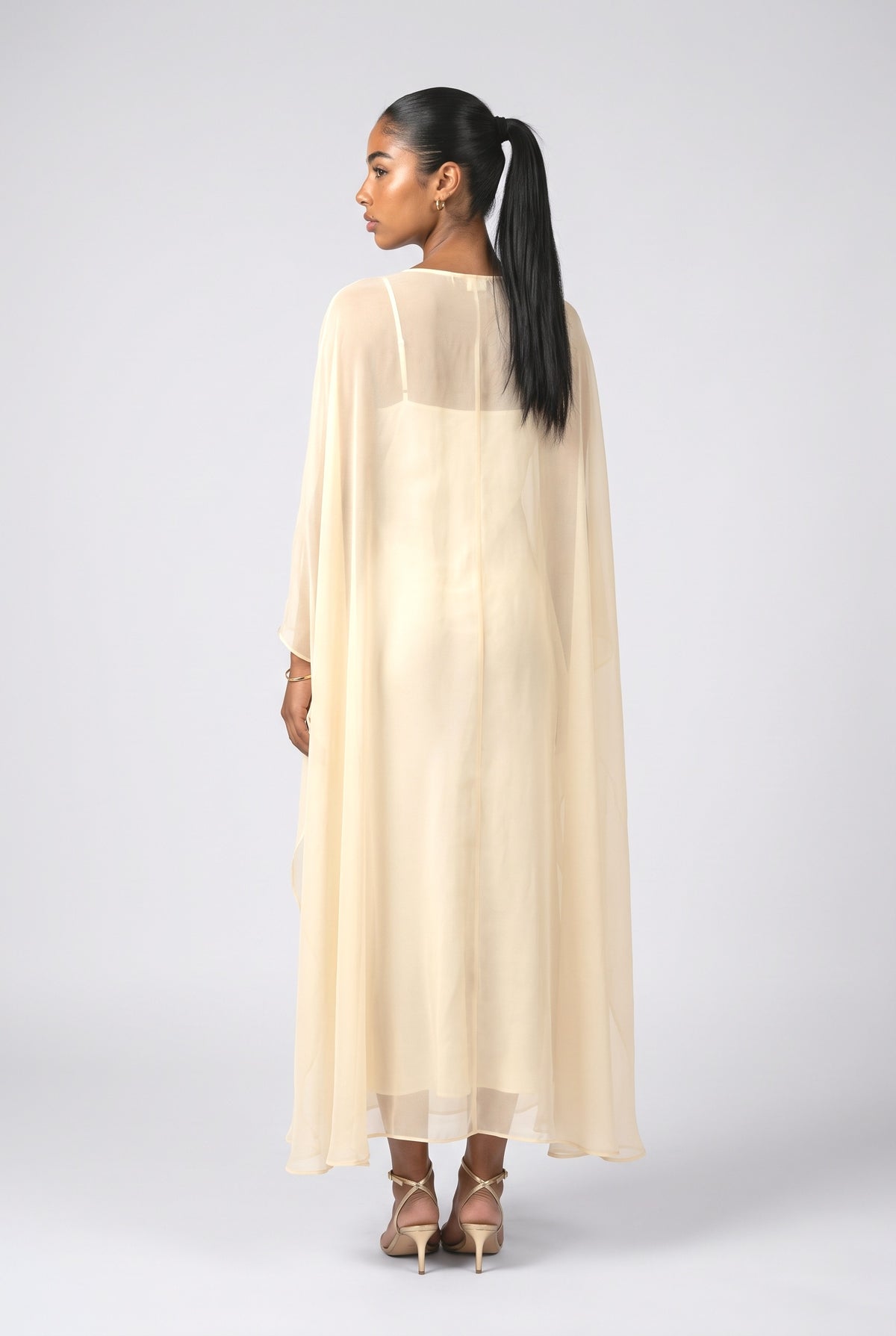 Beige Sheer Cape Maxi Dress, back view
