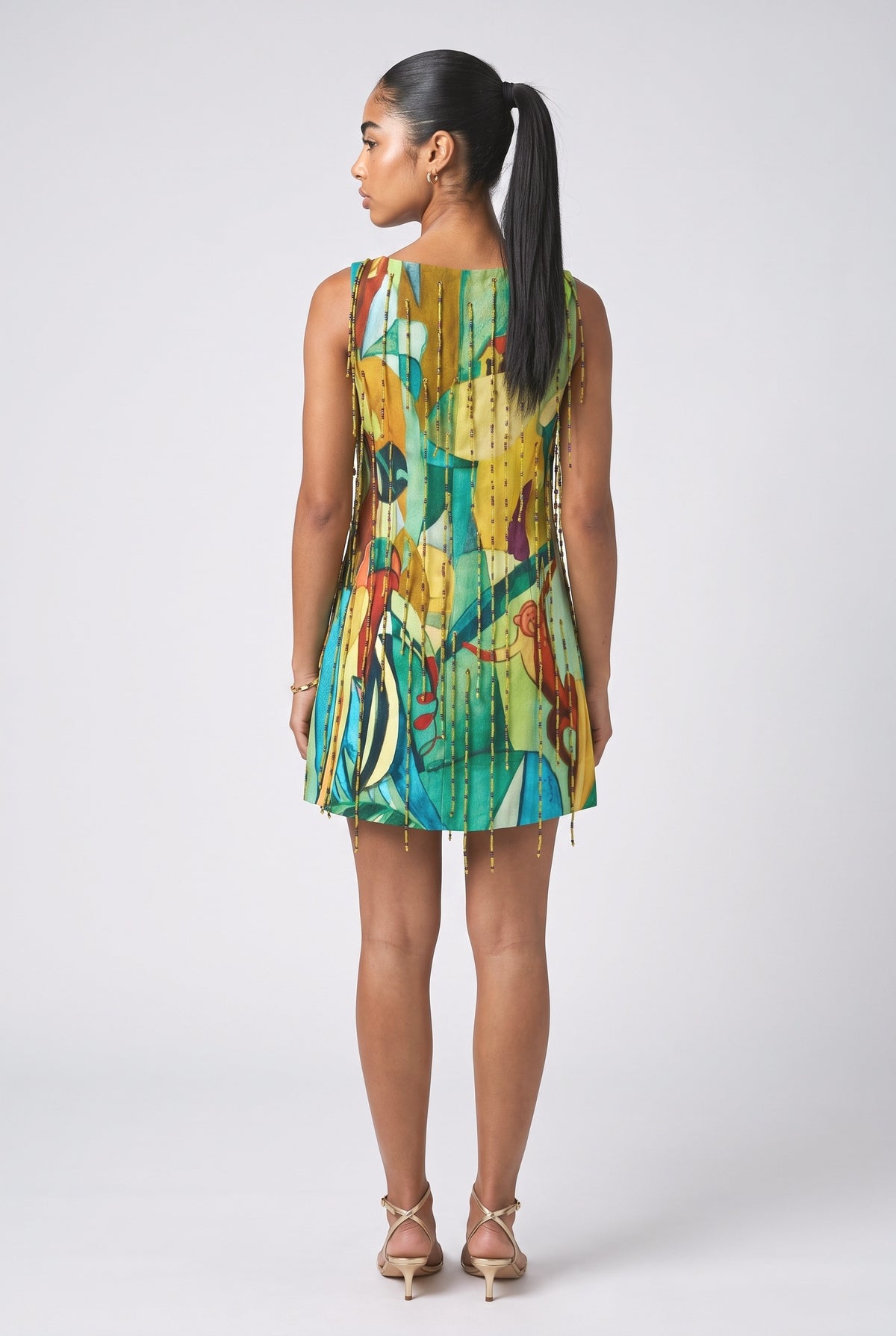 Multicolor Print Fringe Mini Dress, back view