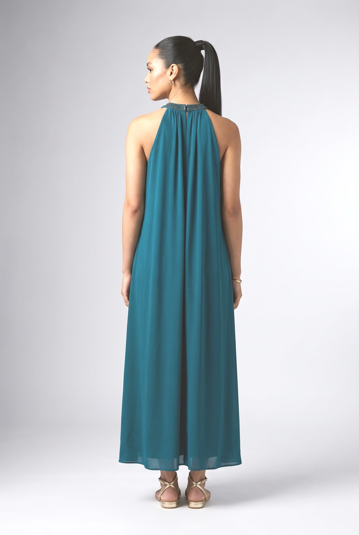 Beaded Halter Neck Flowy Maxi Dress, back view