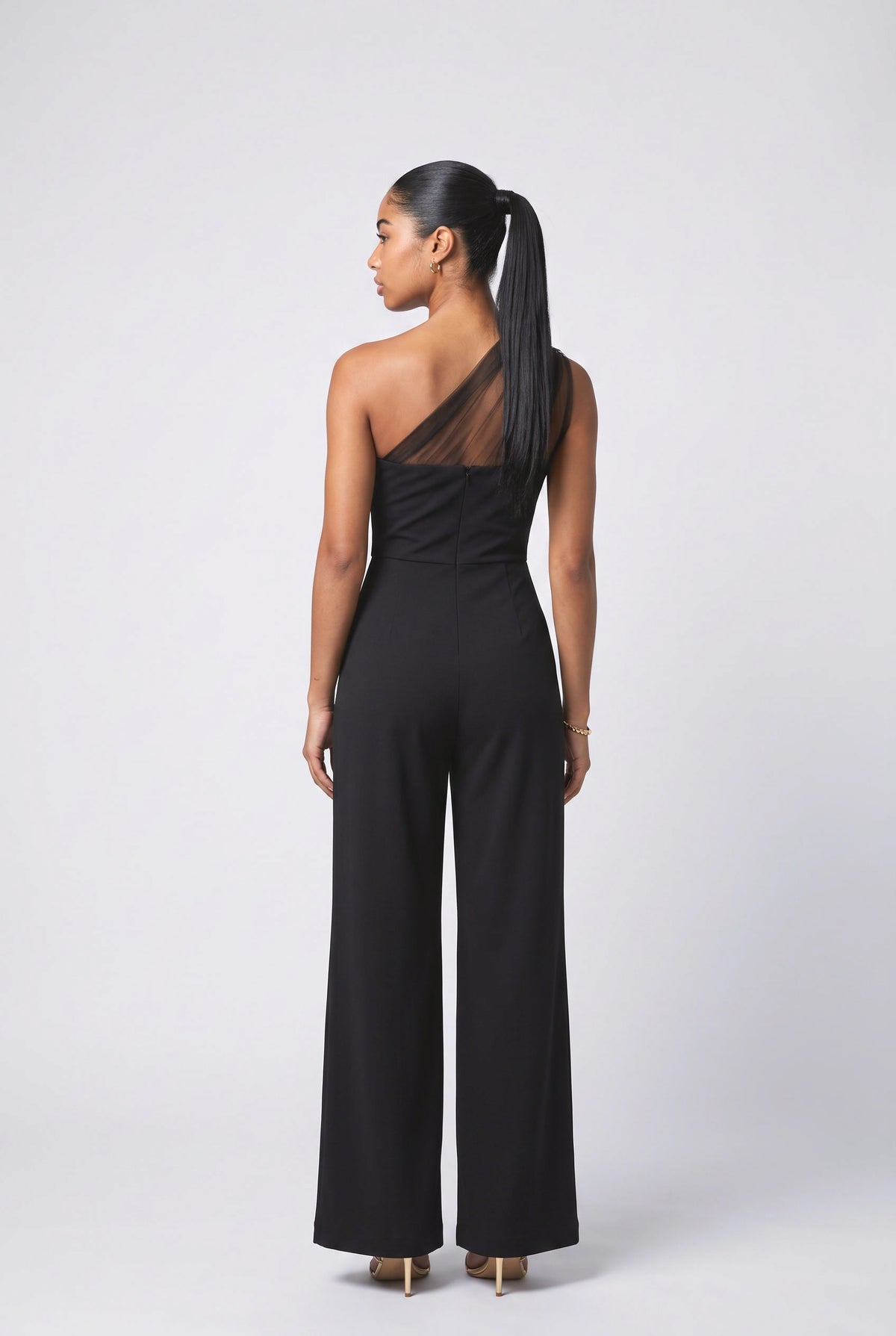 Black Mesh One-Shoulder Jumpsuit, back view