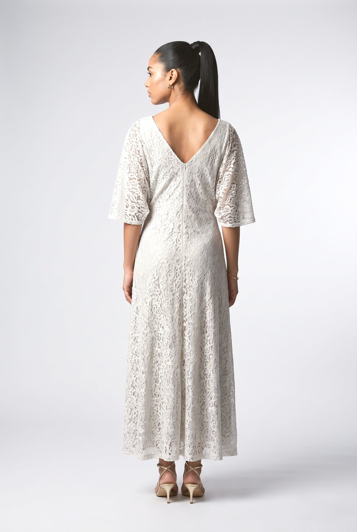 White Lace Batwing Sleeve Flowy Maxi Dress, back view