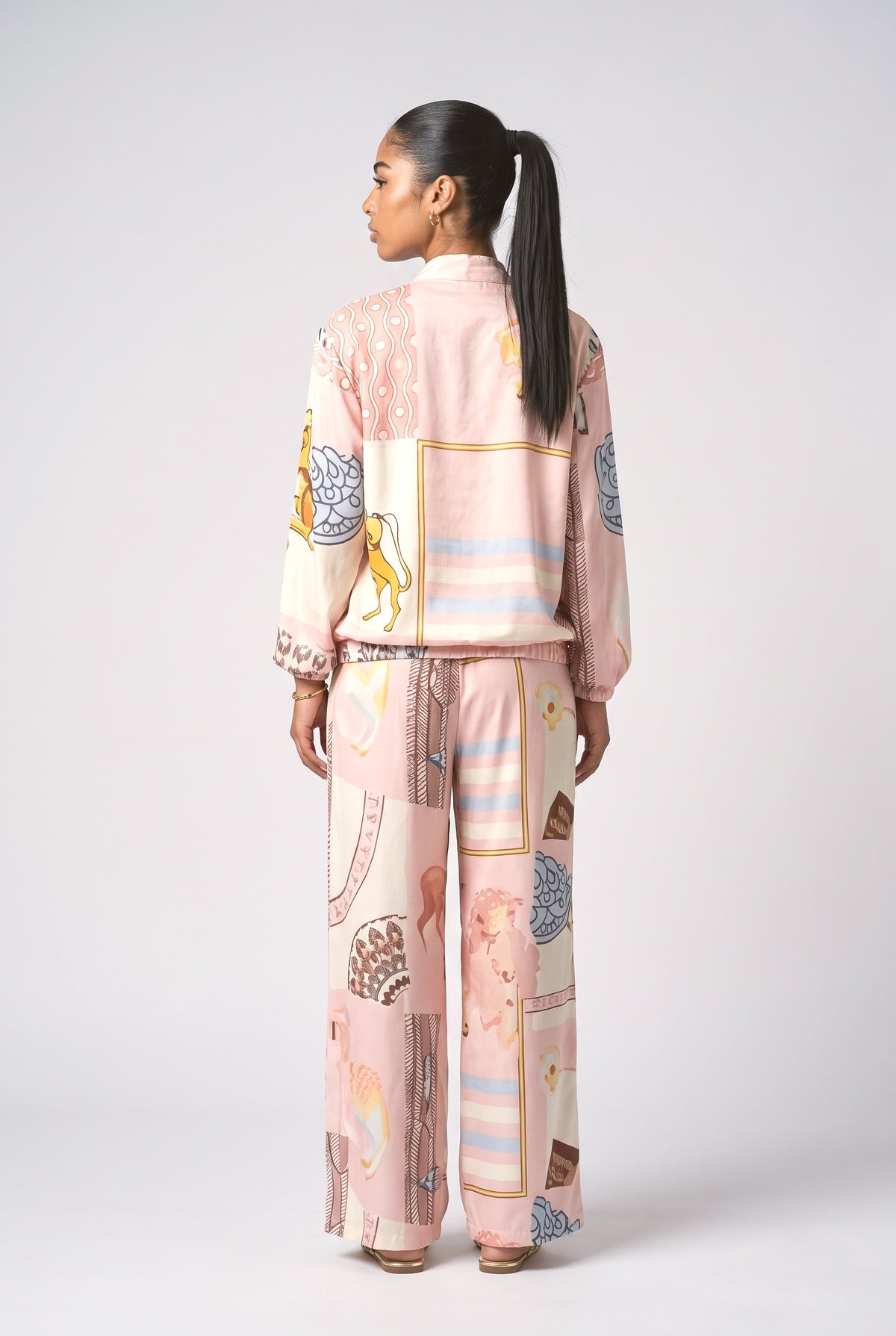 Artistic Print Zip-Up Shirt & Wide-Leg Pants Two-Piece Set, back view