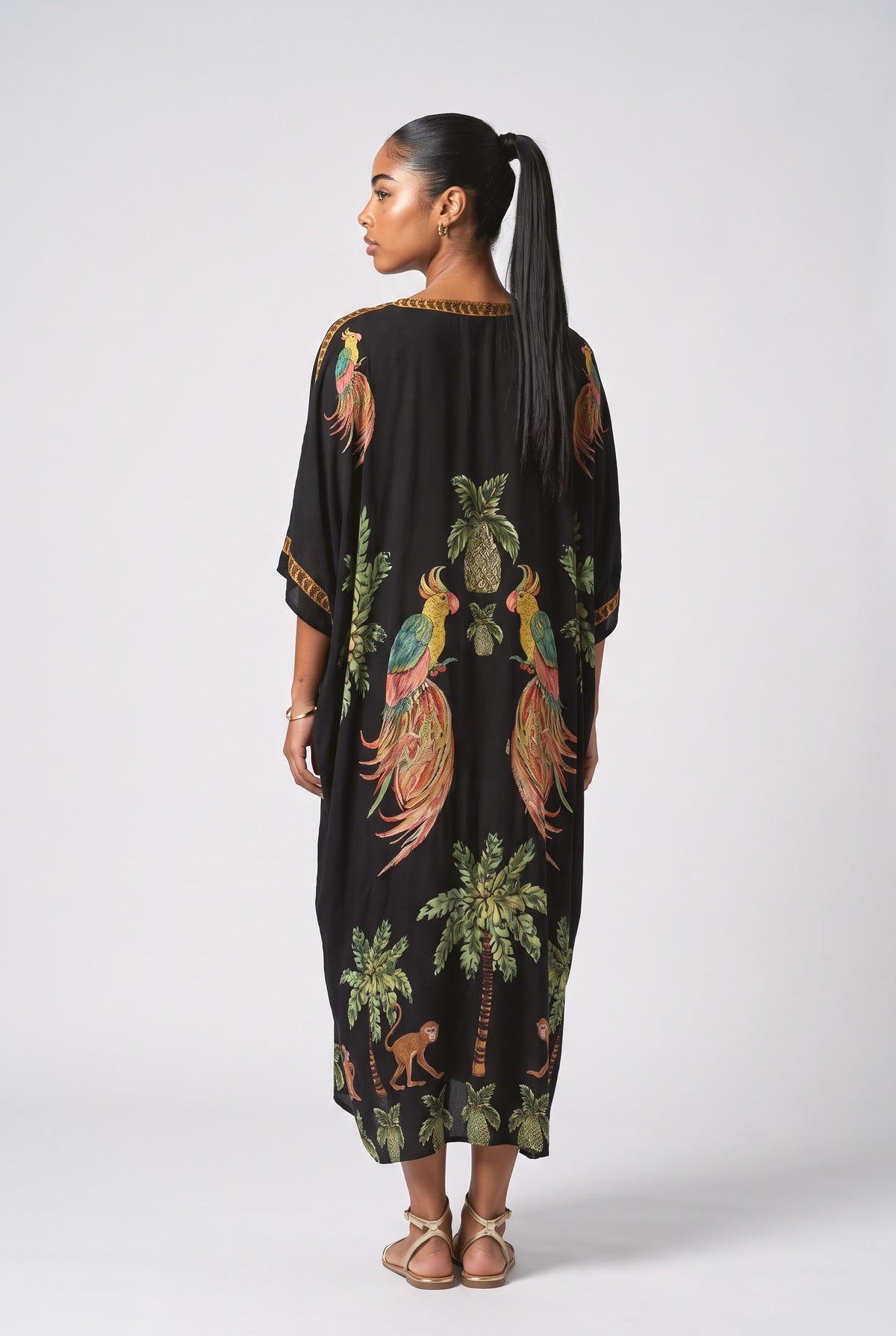 Drop Shoulder Sleeve Coconut Tree Printed Dress, back view