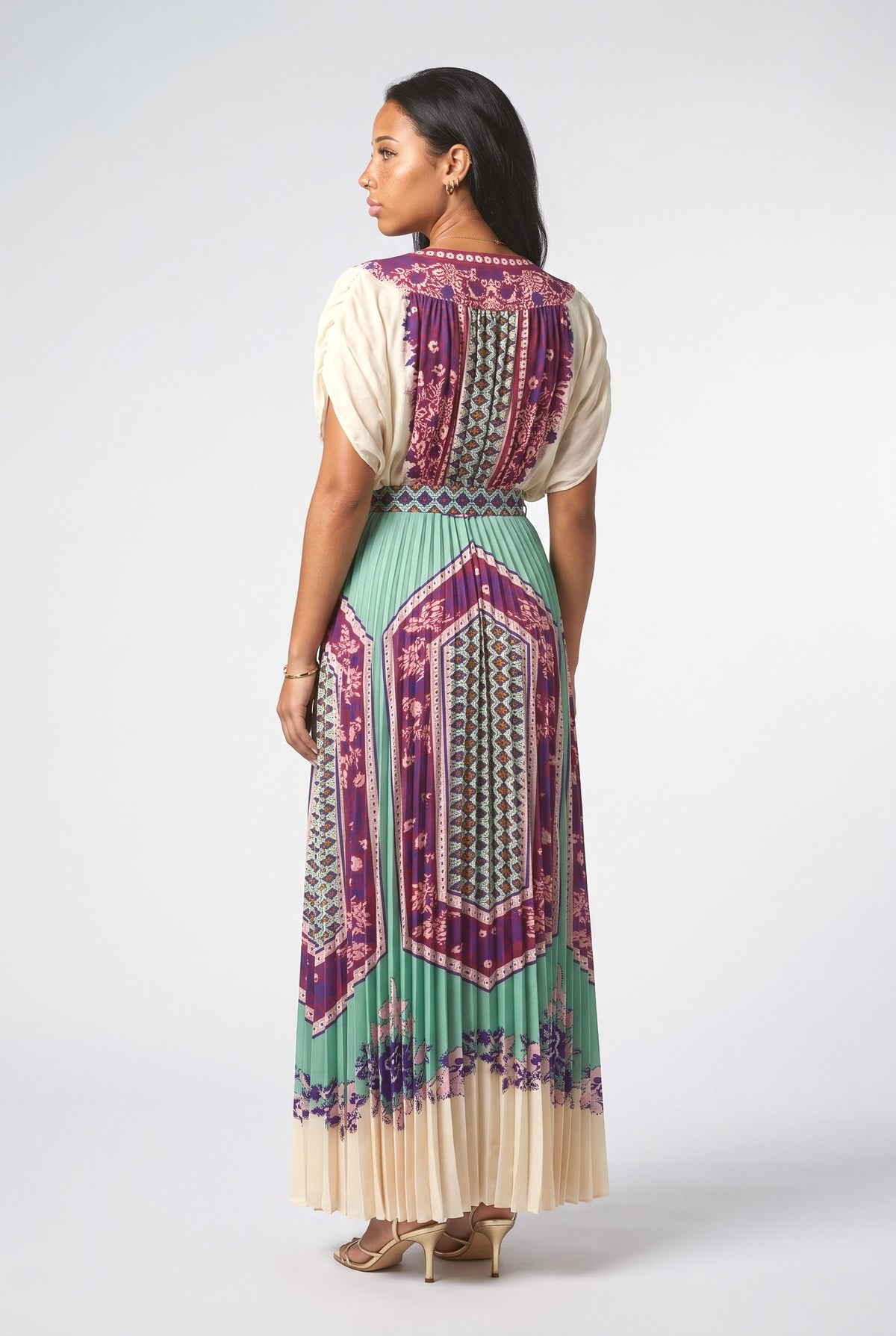 Multicolor Print V-Neck Ruched Maxi Dress, back view