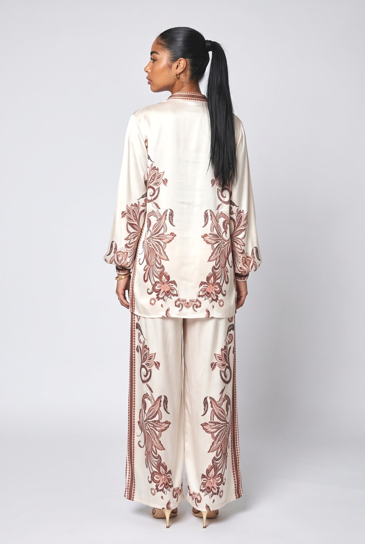 Beige Floral Satin Outfit Set, back view