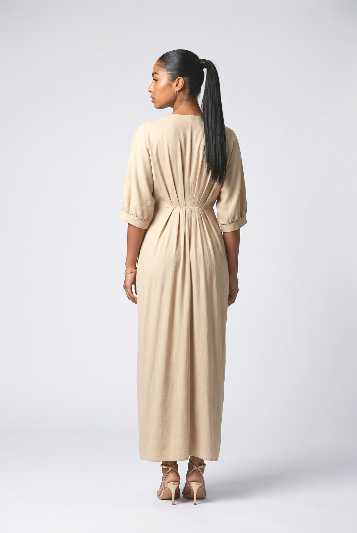 Beige V-Neck Pleated Maxi Dress, back view