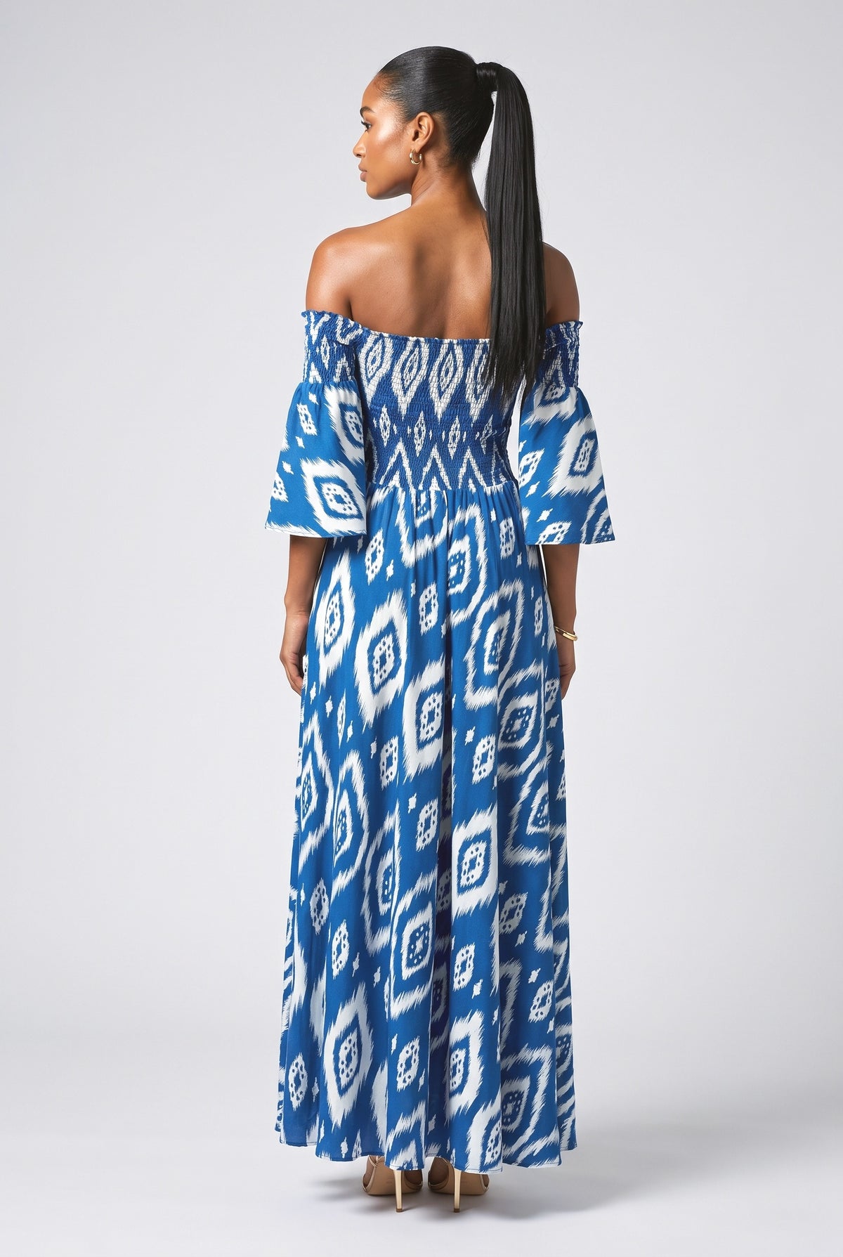 Vacation Ethnic Print Smocked Off Shoulder Pocketed Maxi Dress, back view