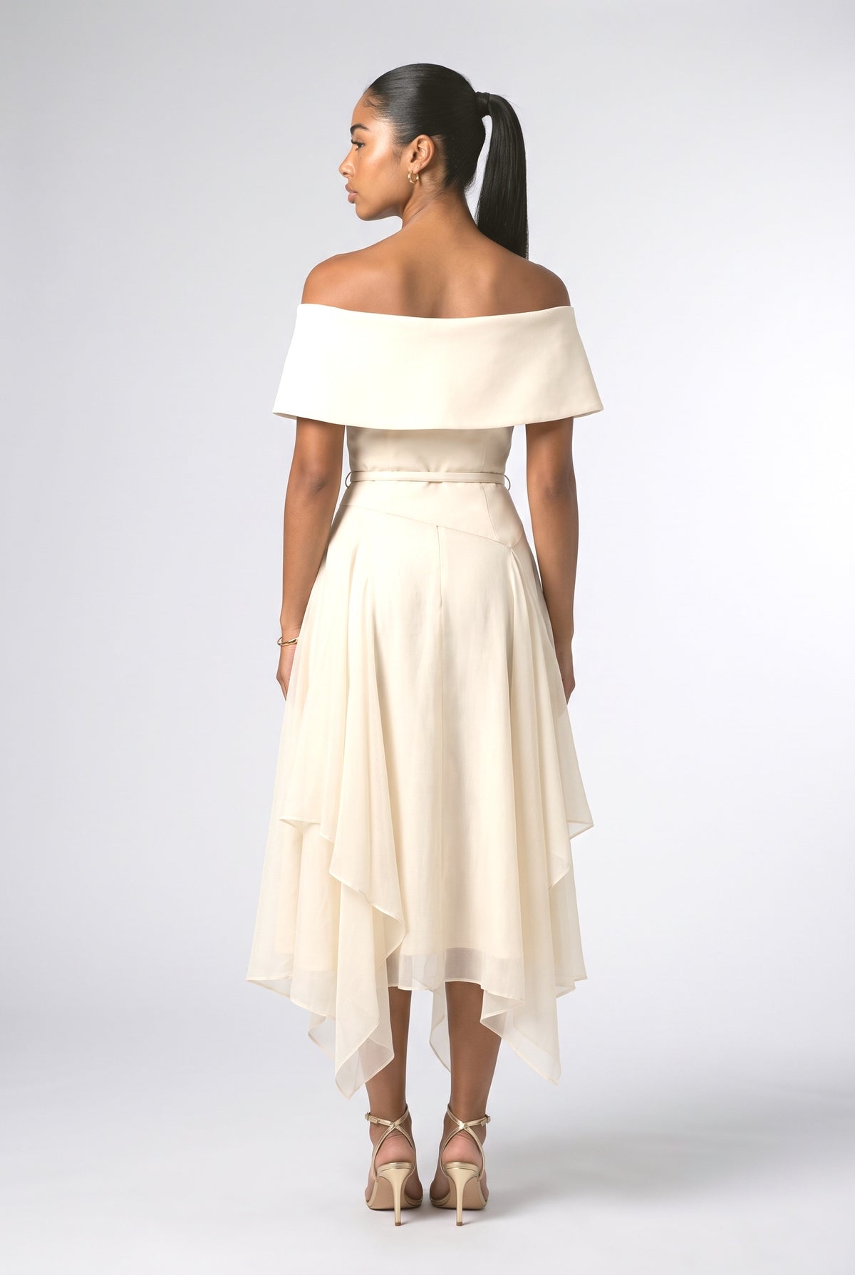 Beige Off-Shoulder Pleated Midi Dress, back view