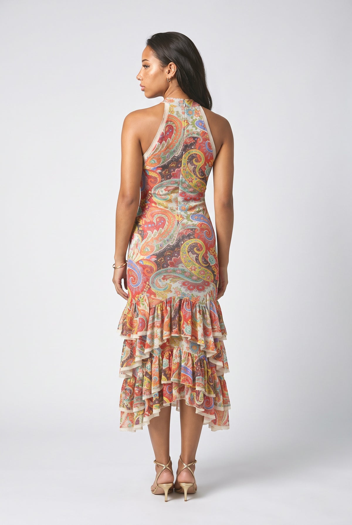 Multicolor Paisley Halter Neck Ruffle Midi Dress, back view