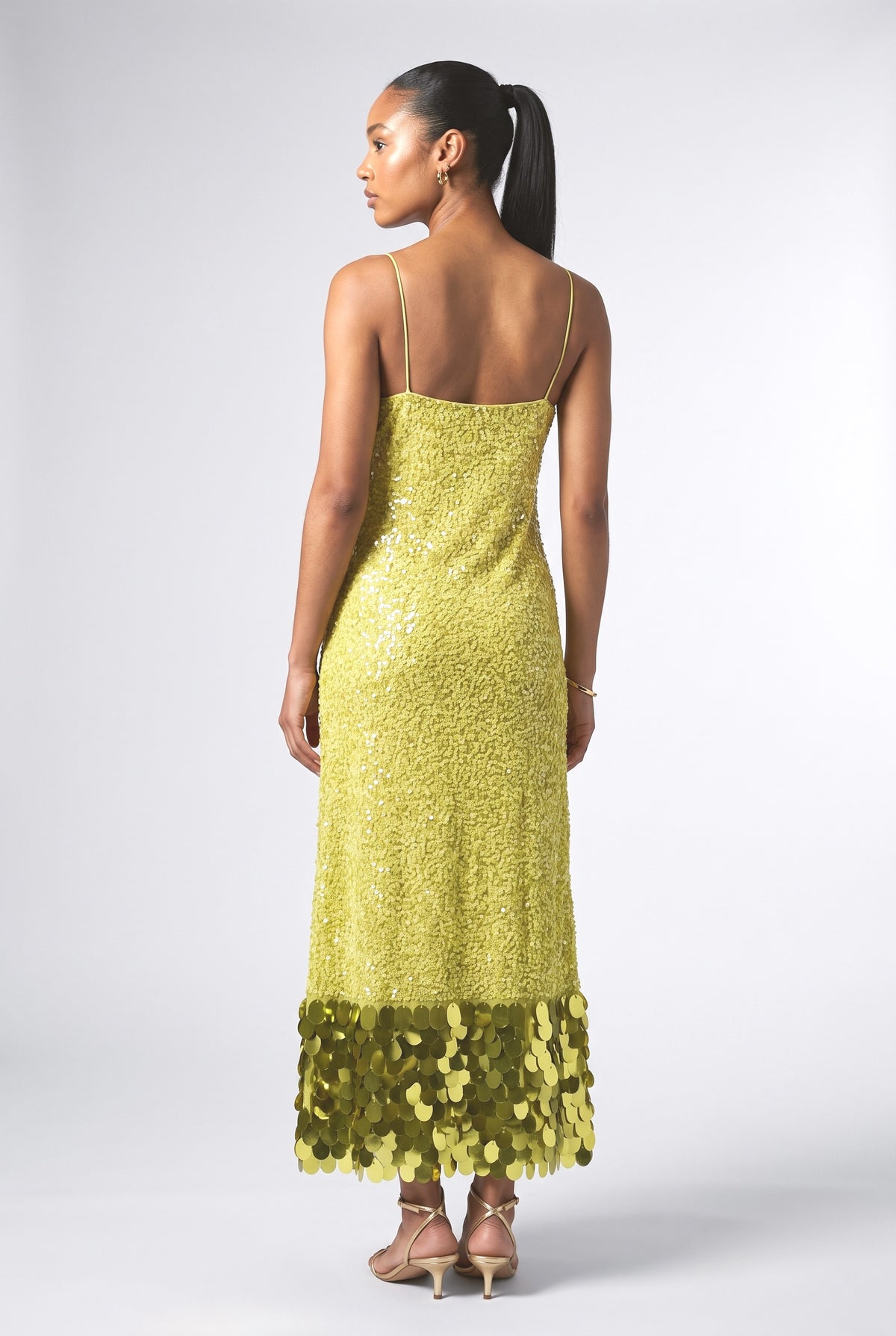 Green Sequin Strappy Maxi Dress, back view