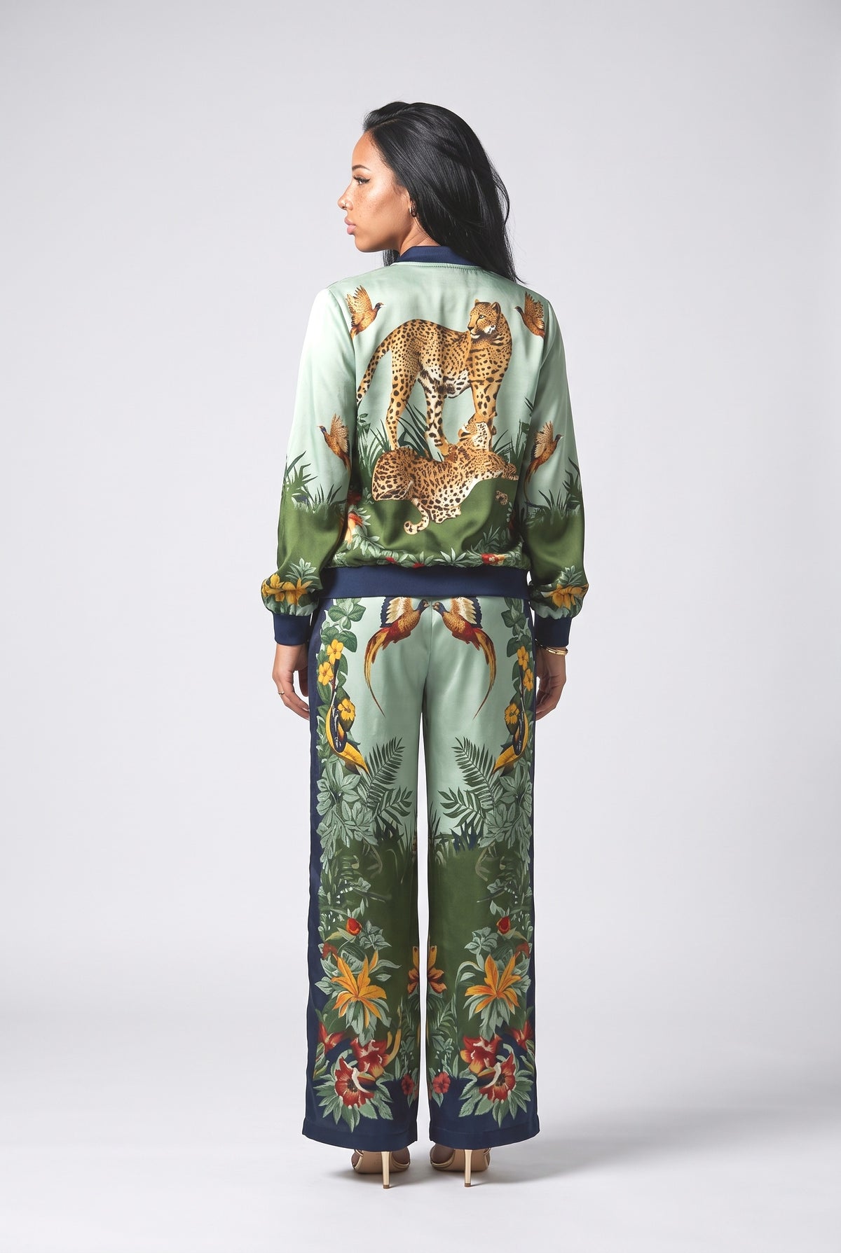 Exotic Jungle Print Zip-Up Shirt & Wide Leg Pants Set, back view