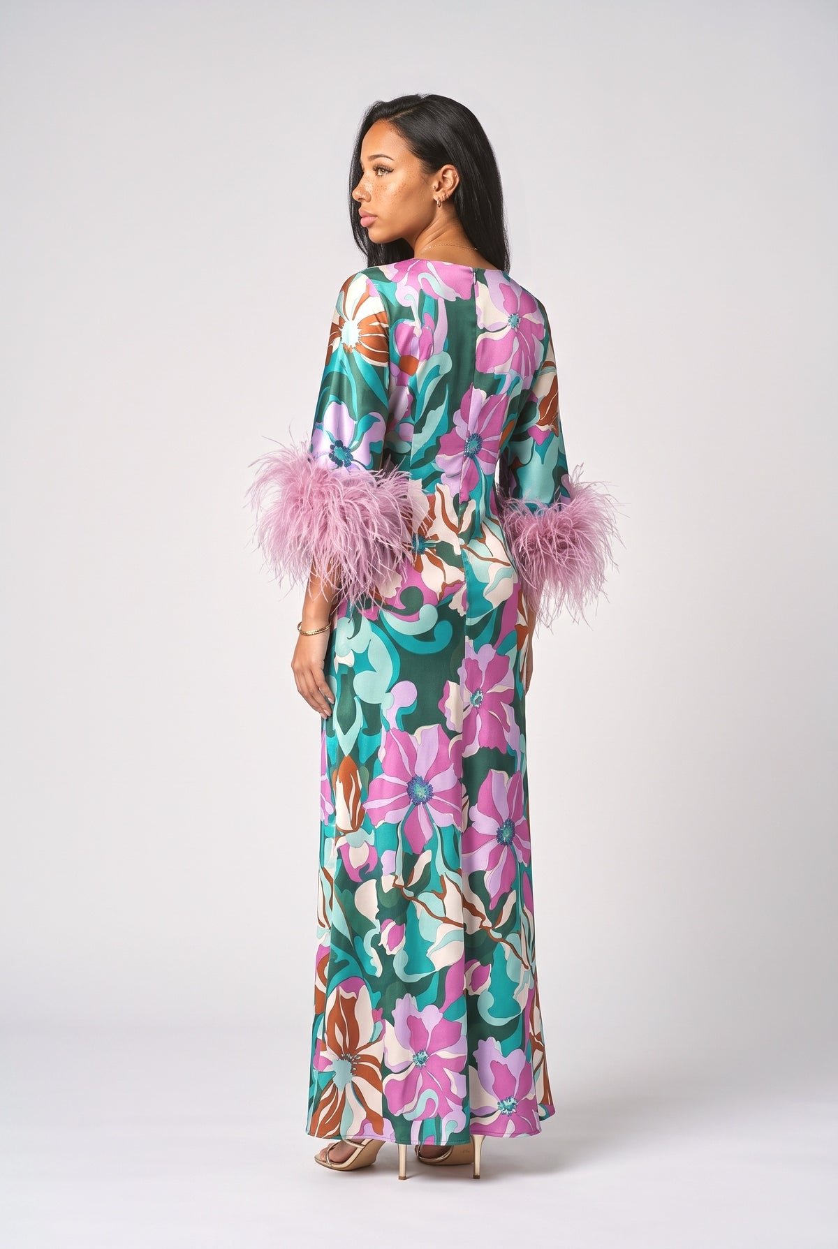Multicolor Floral Satin Feather Trim Maxi Dress, back view