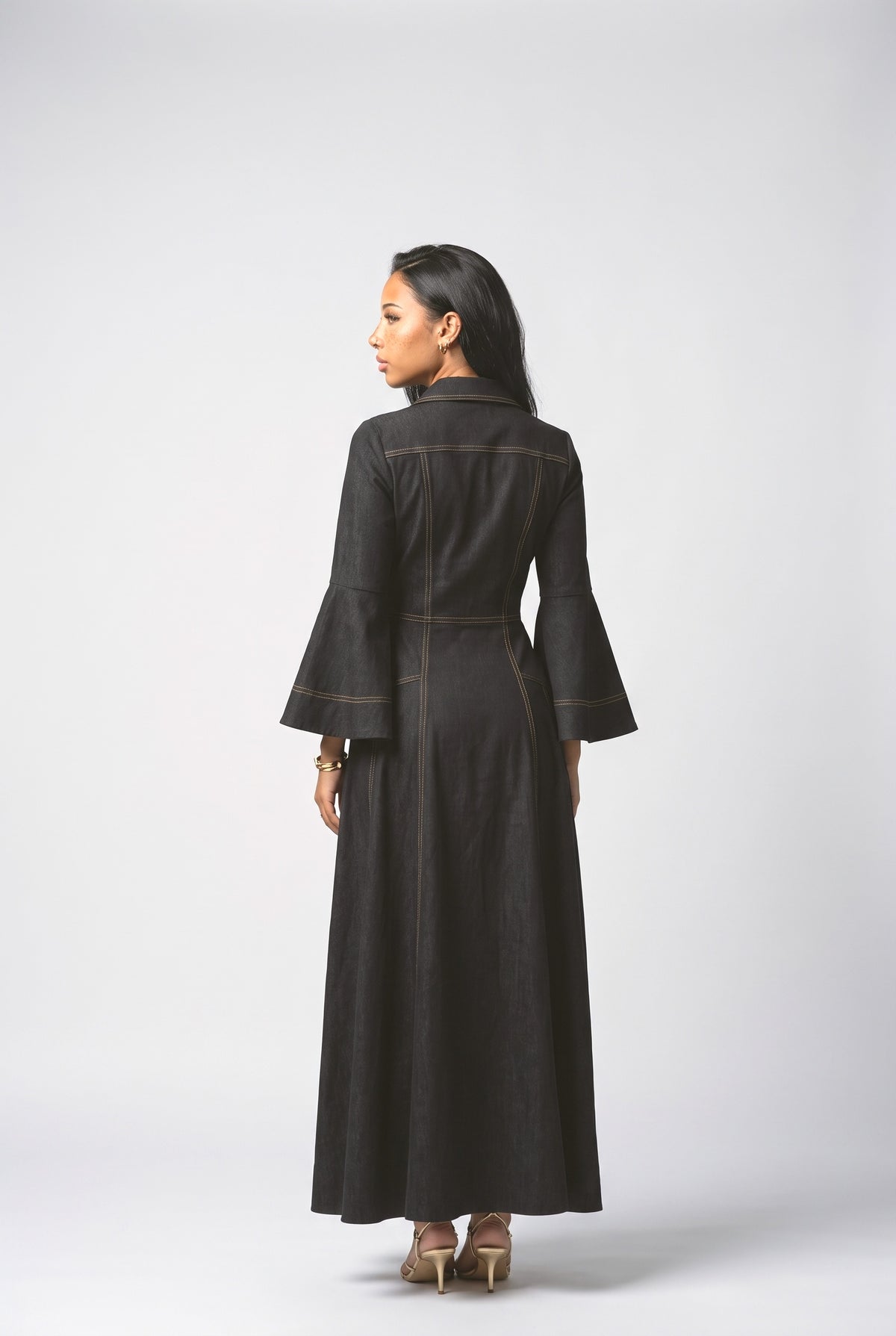 Contrast Stitching Lapel Maxi Dress, back view