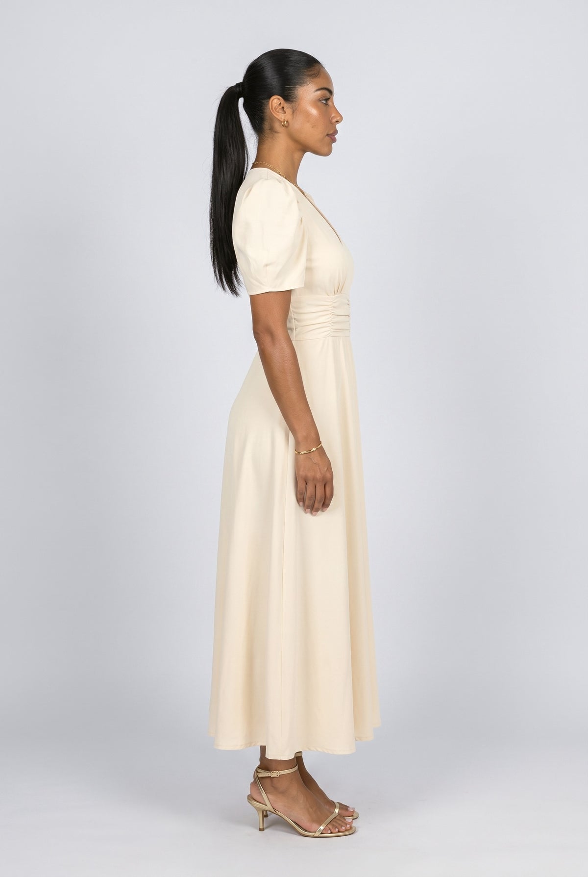 V-Neck Puff Sleeve Ruched Midi Dress, back view