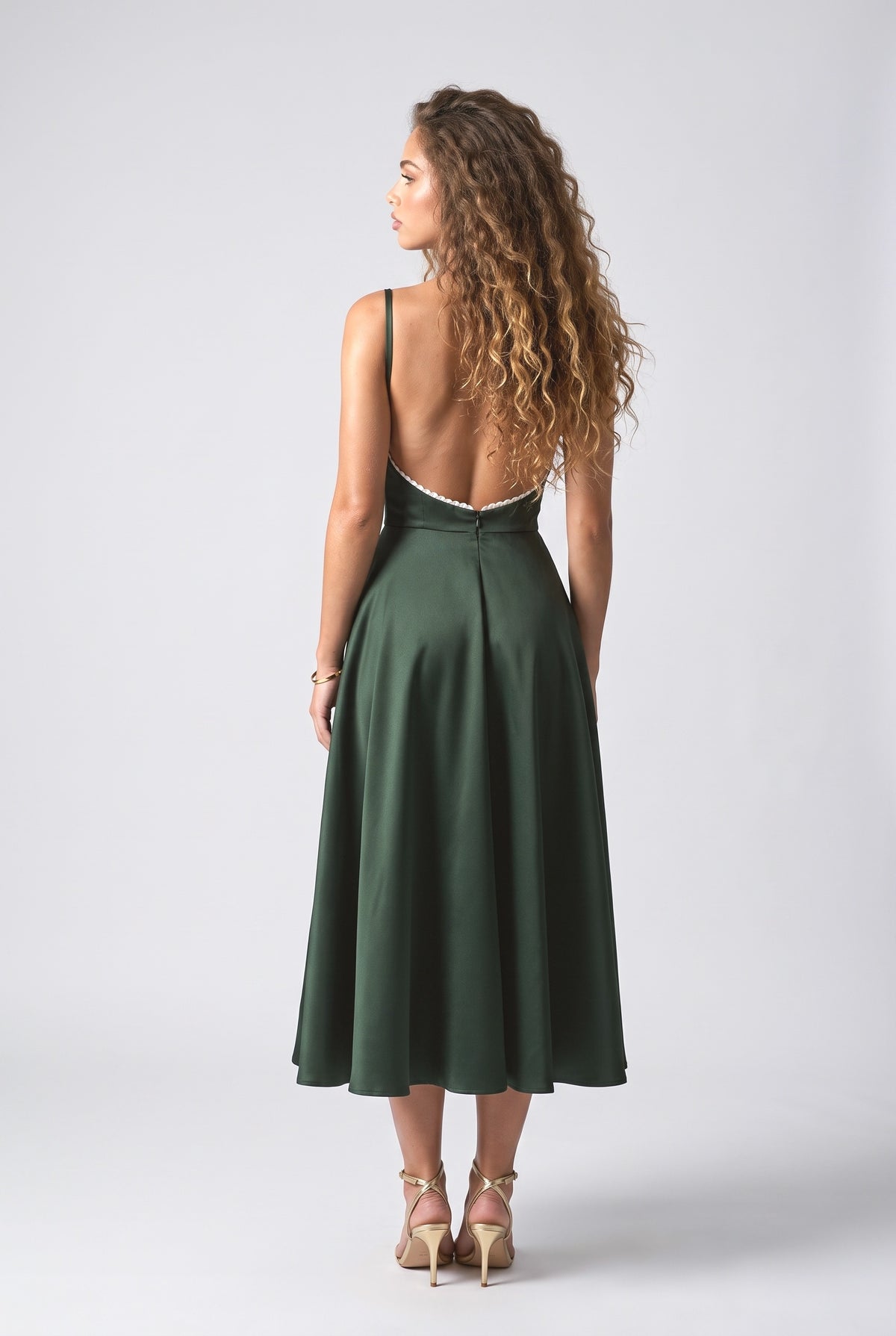 Green Satin Backless Midi Dress, back view