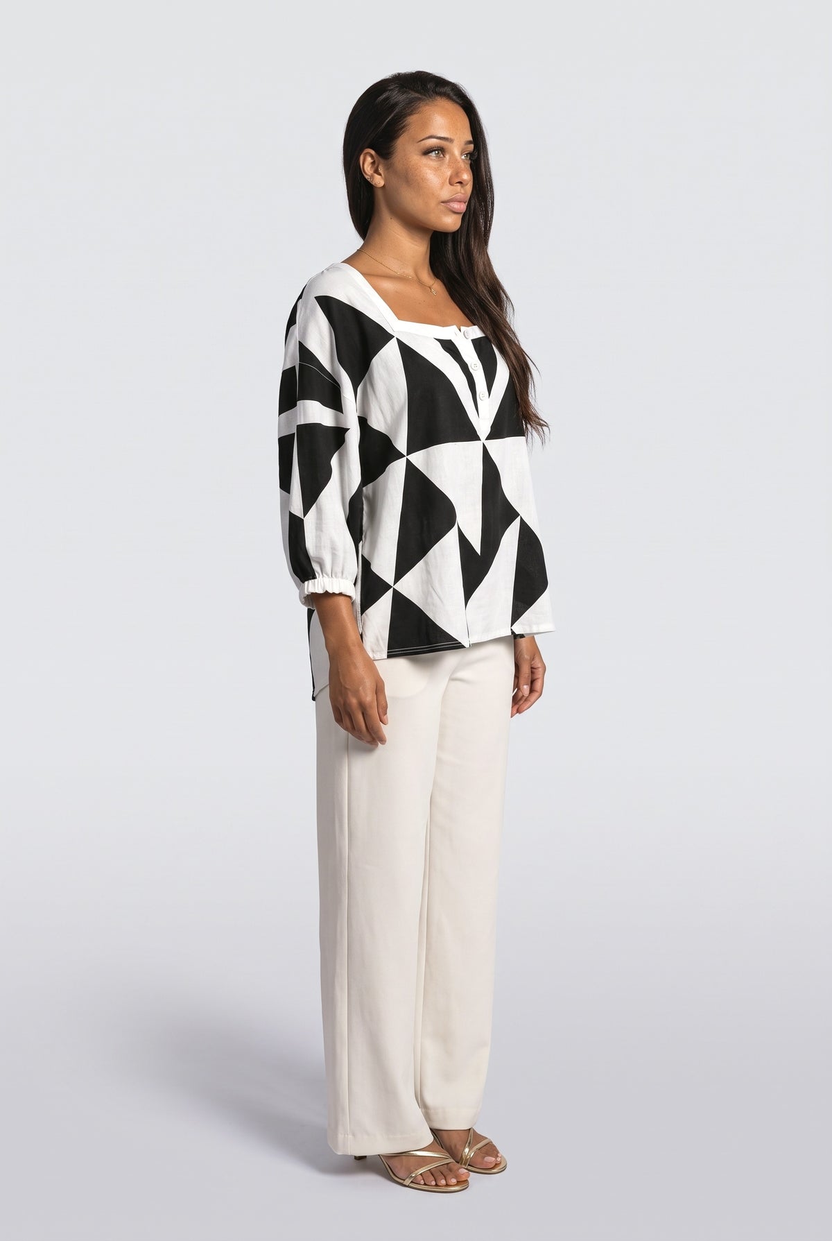 Black Square Neck Geometric Blouse, back view