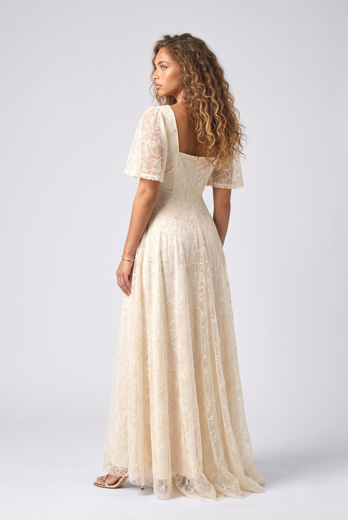 Floral Tulle Square Neck Maxi Dress, back view