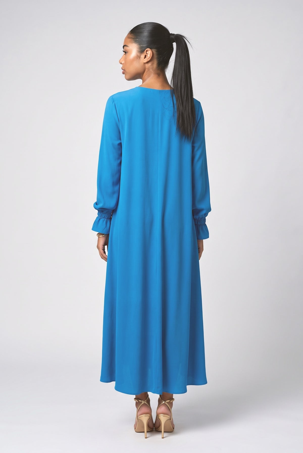 Blue Long Sleeve Ruched Maxi Dress, back view