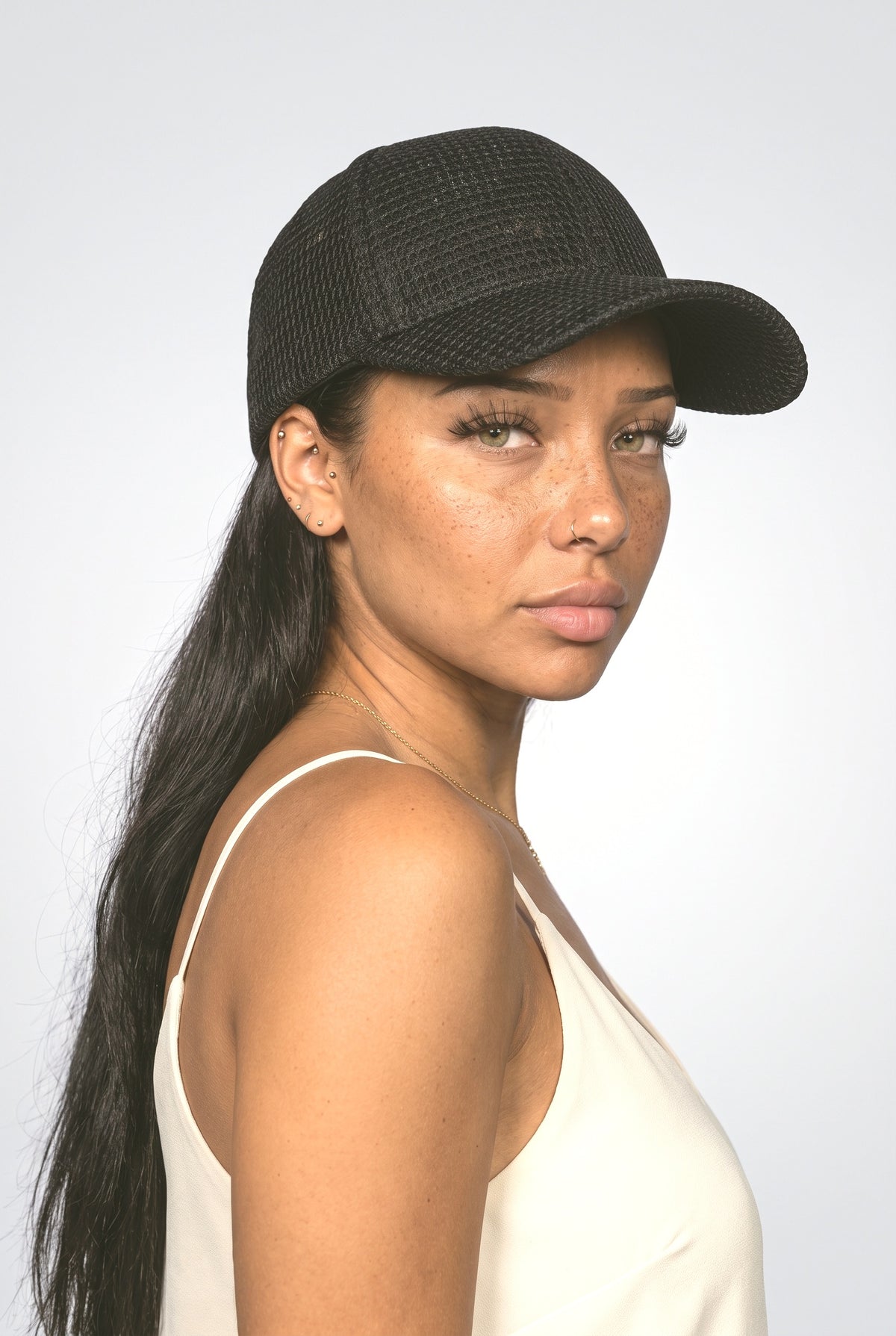 Mesh Beanie, worn, shown to scale