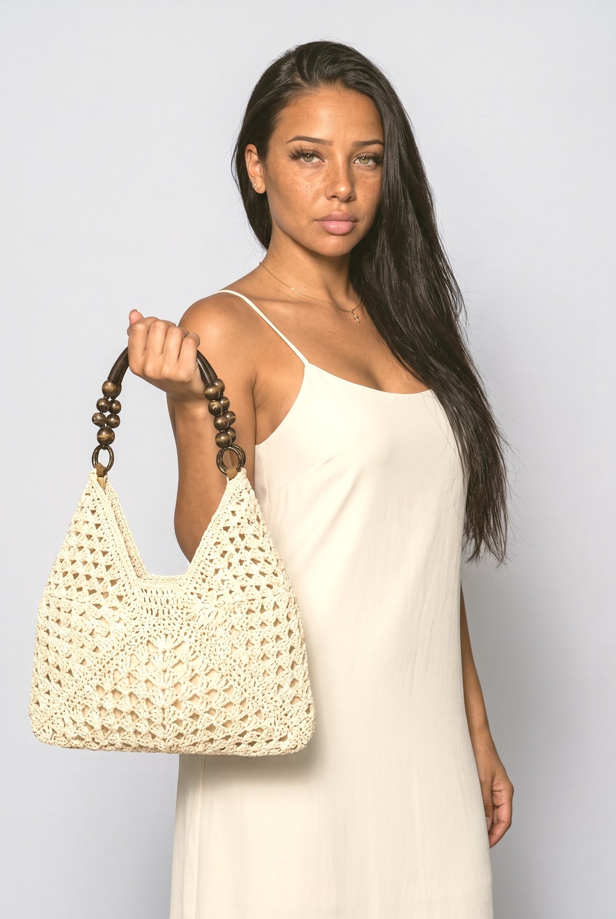 Crochet Tote Bag, worn, shown to scale