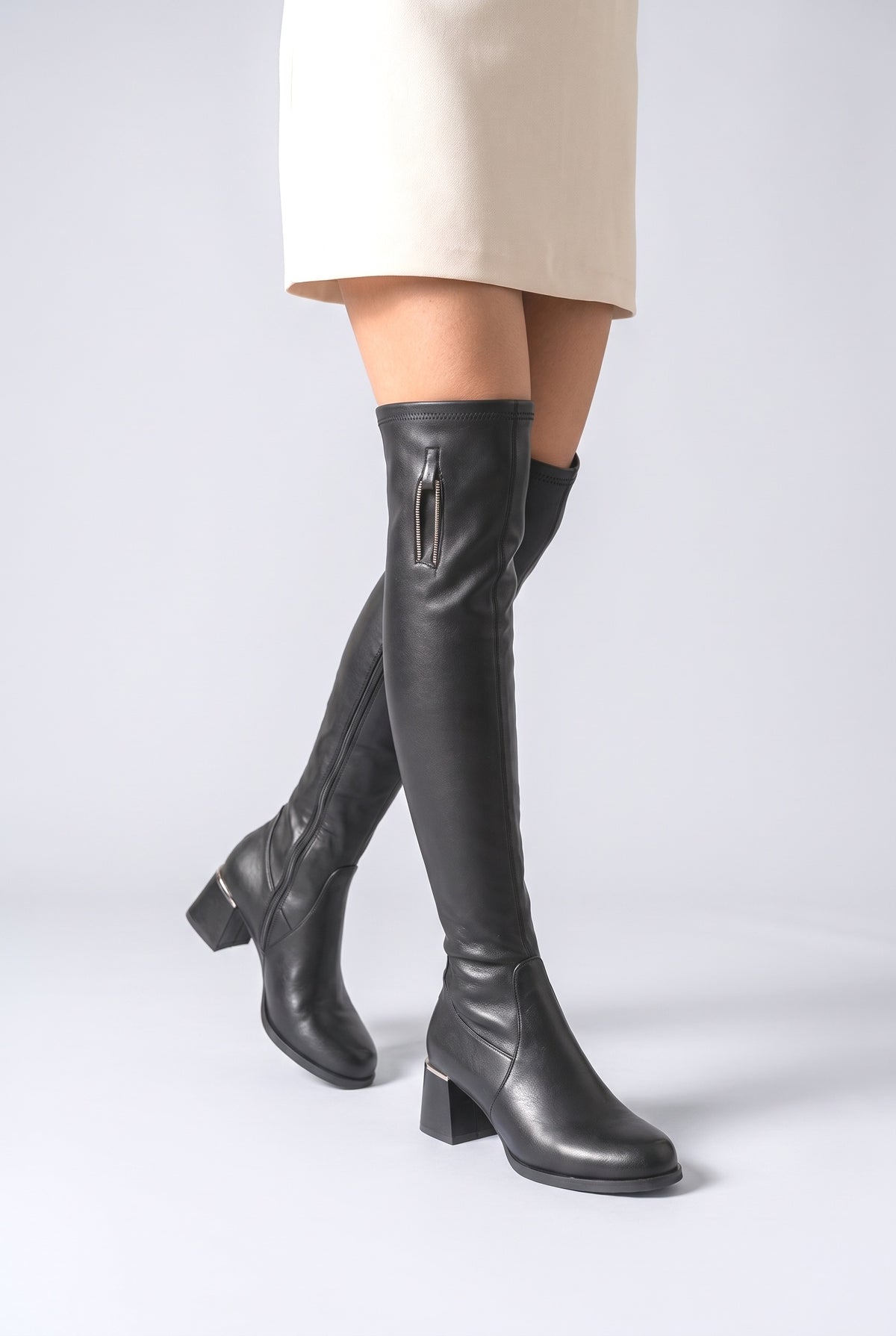 Black Over the Knee Boots, worn, shown to scale