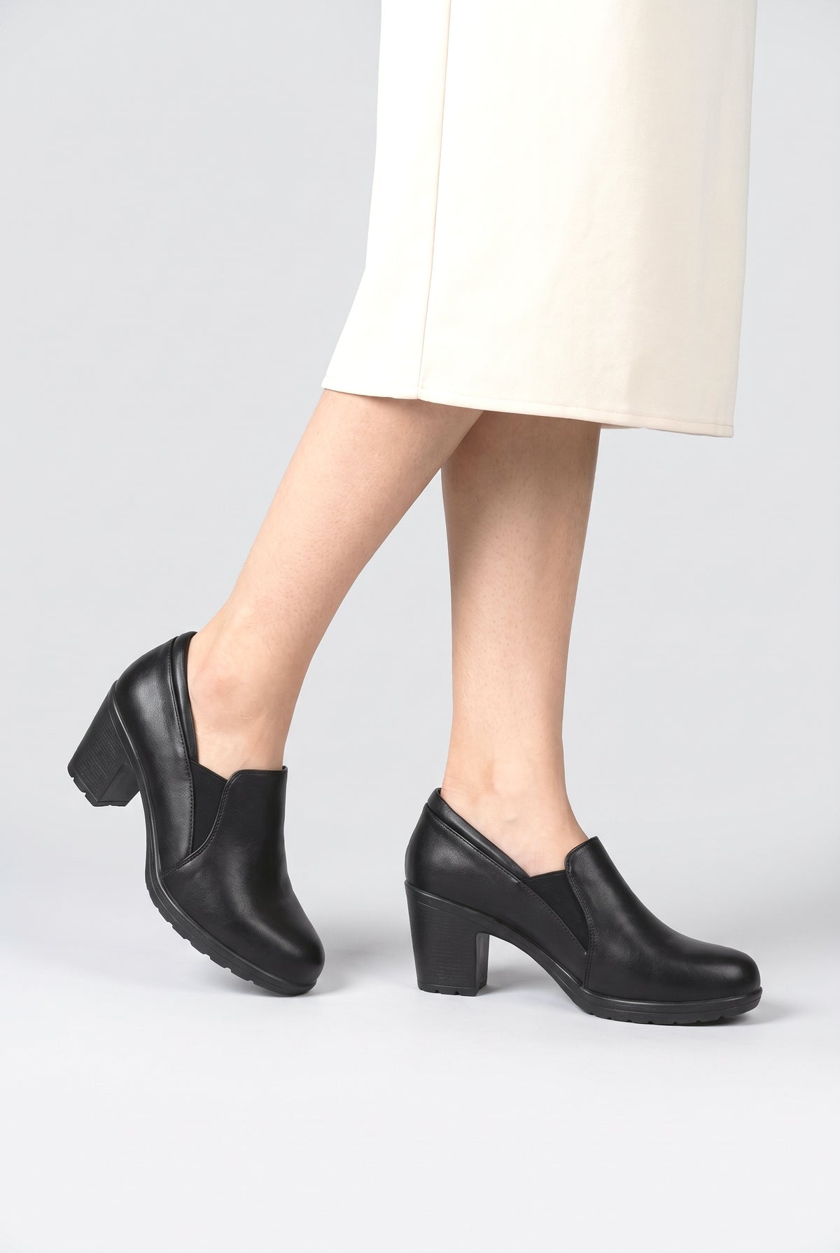Black Block Heel Pumps, worn, shown to scale
