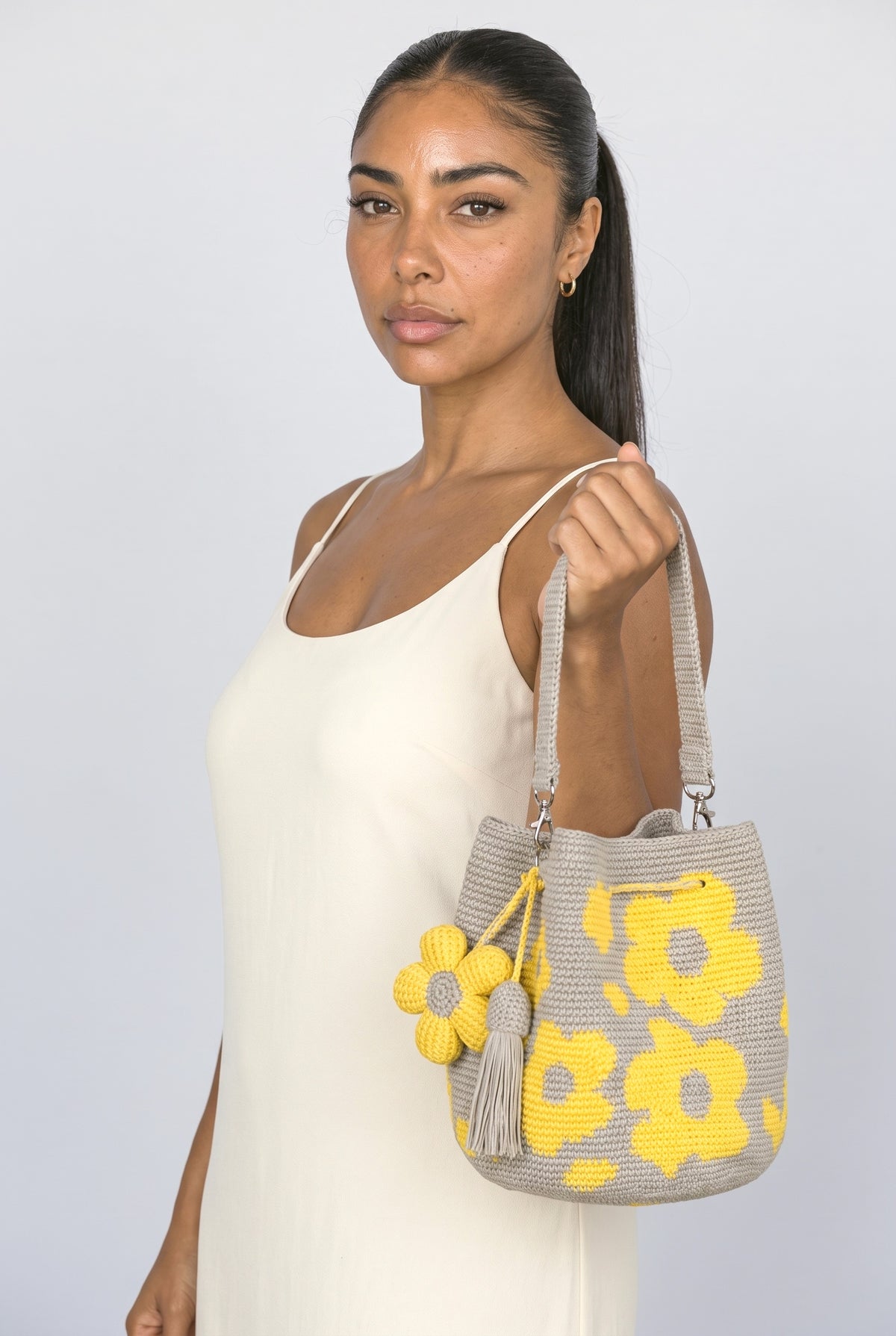 Crochet Tote Bag, worn, shown to scale