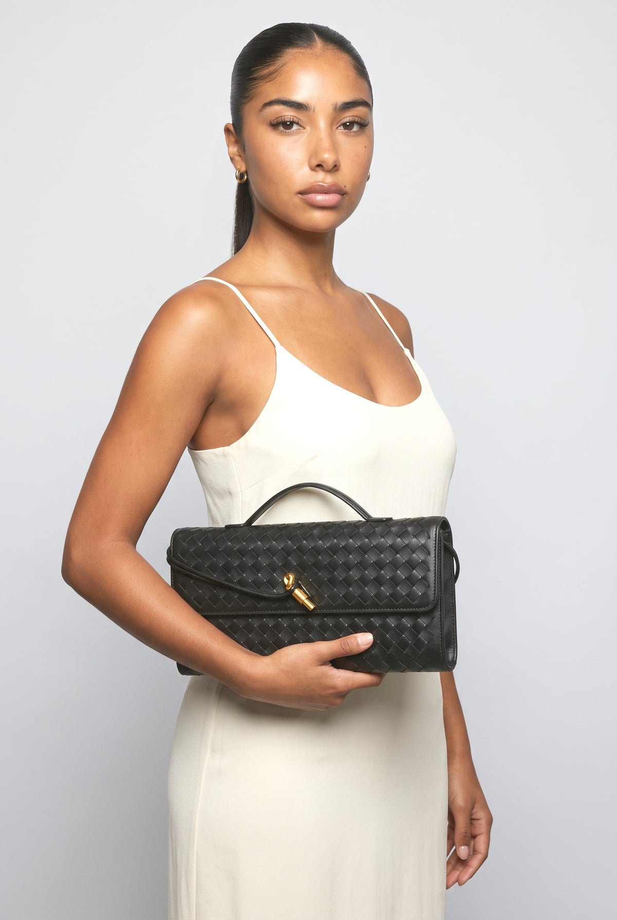Two Way Woven Flap Clutch Shoulder Bag, worn, shown to scale
