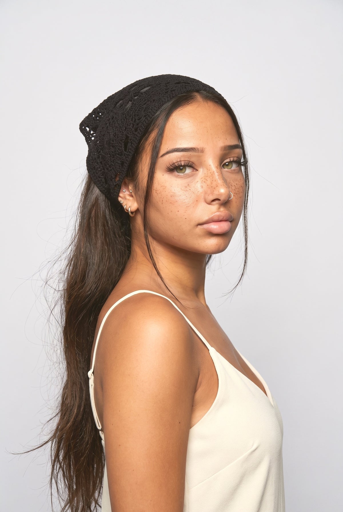 Hand Crochet Lace Bandana, worn, shown to scale