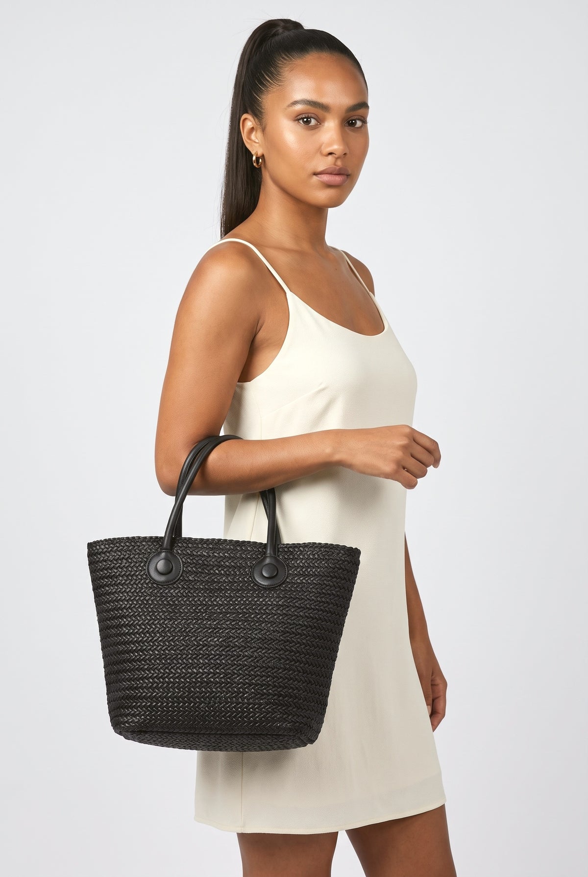 Beach Vacation Tote Shoulder Woven Bag, worn, shown to scale