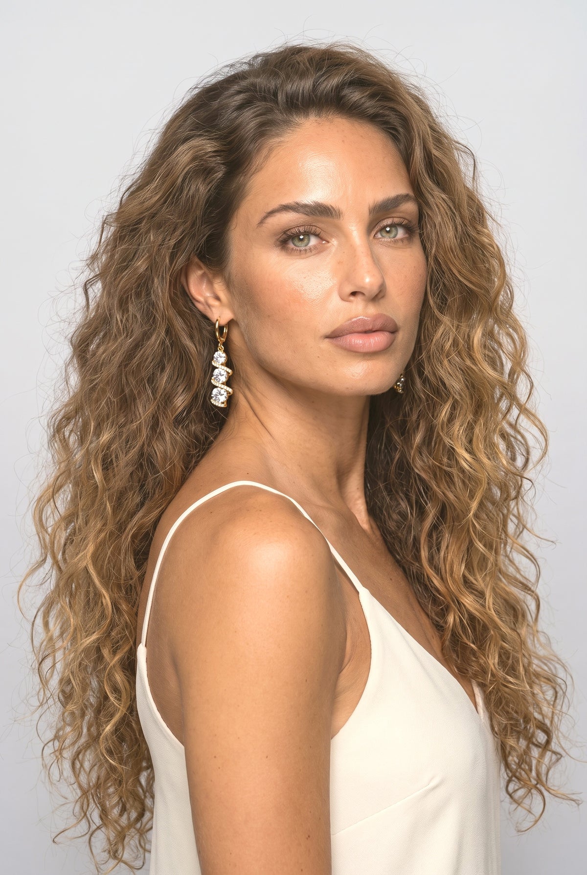 Gold Asymmetric Drop Earrings, worn, shown to scale