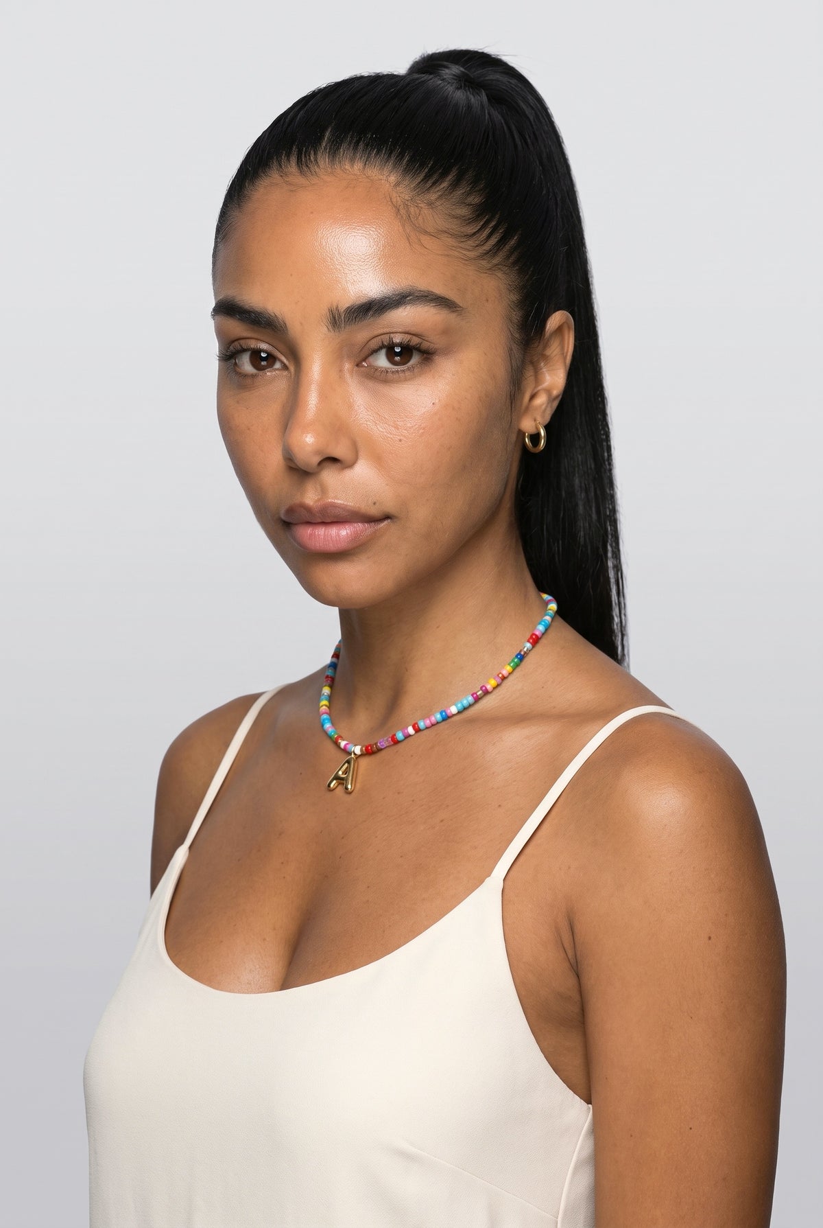 Beaded Necklace, worn, shown to scale