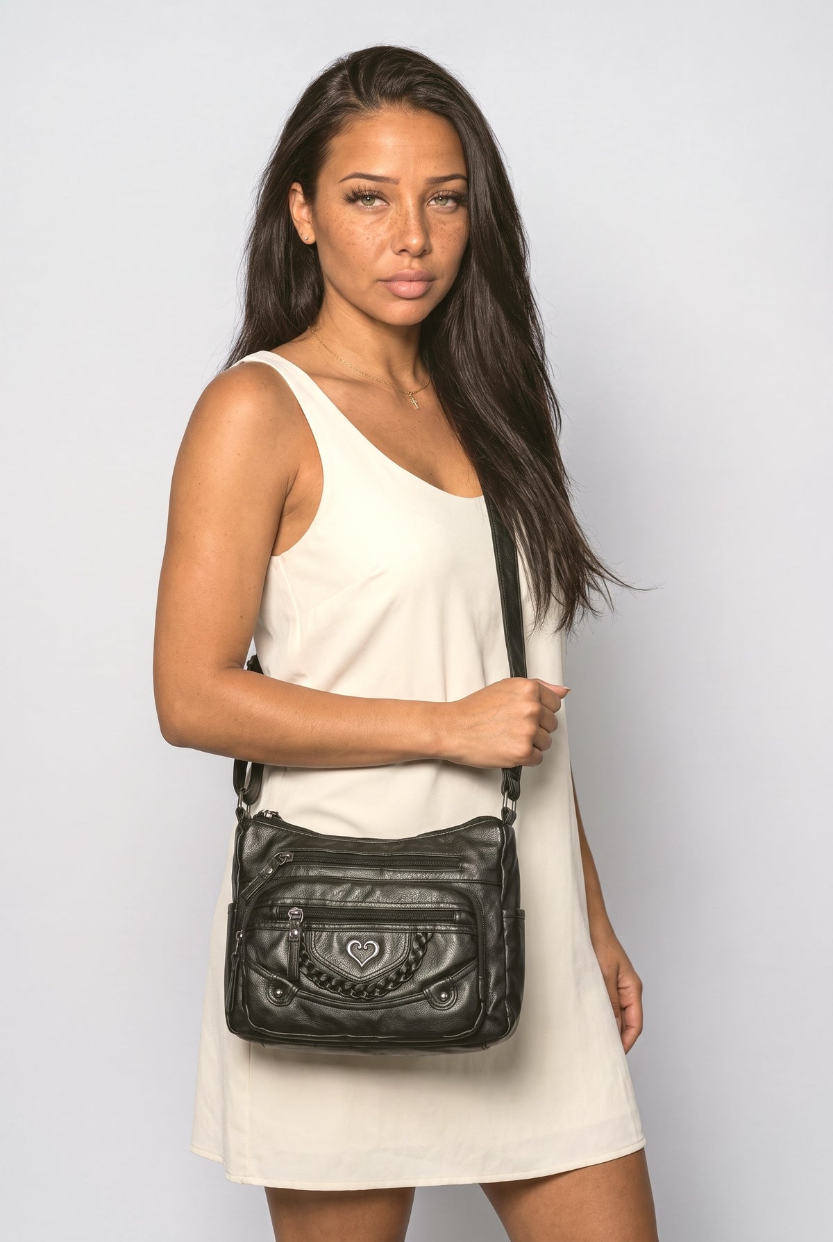 Crossbody Bag, worn, shown to scale