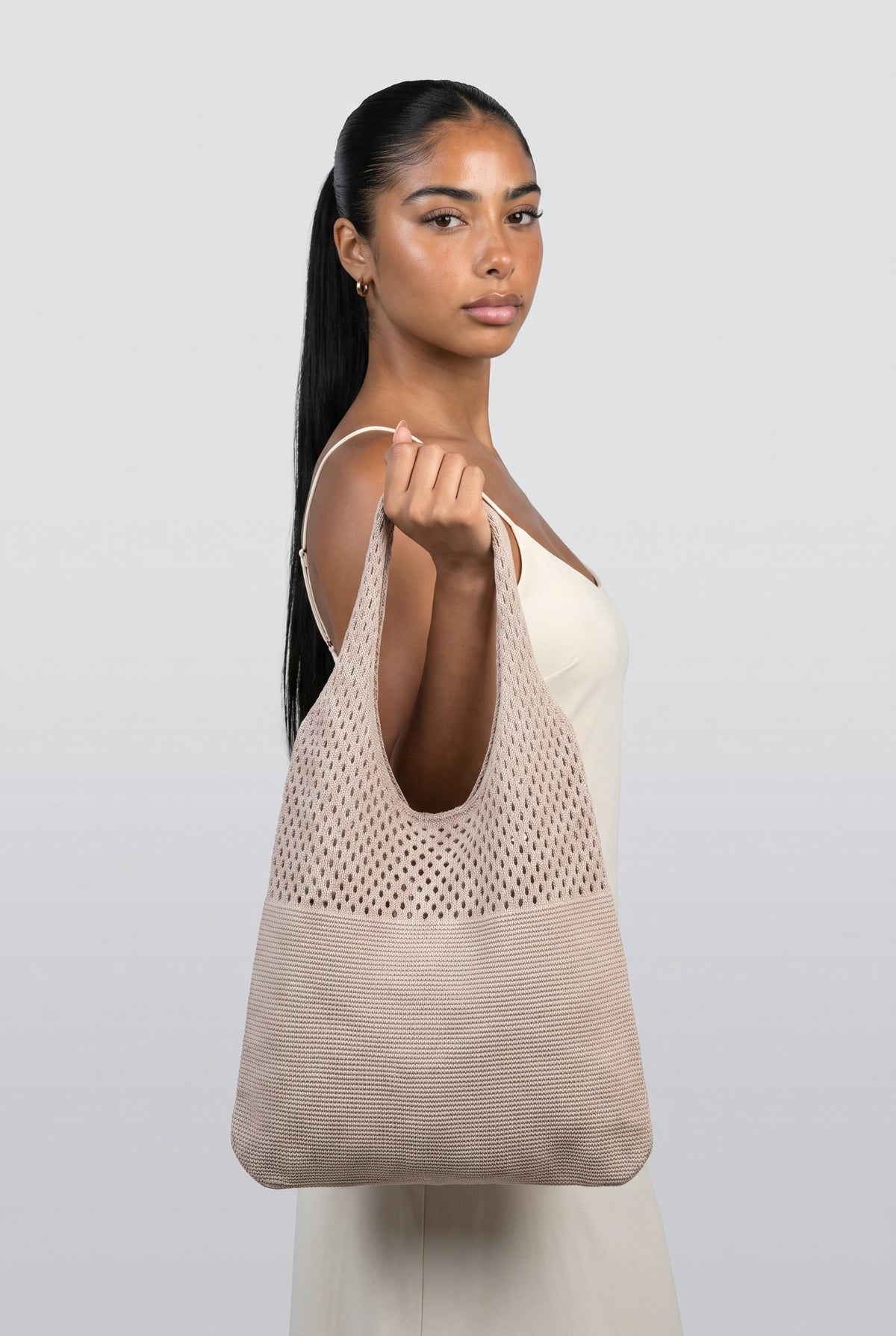 Soft Knit Hobo Bag, worn, shown to scale