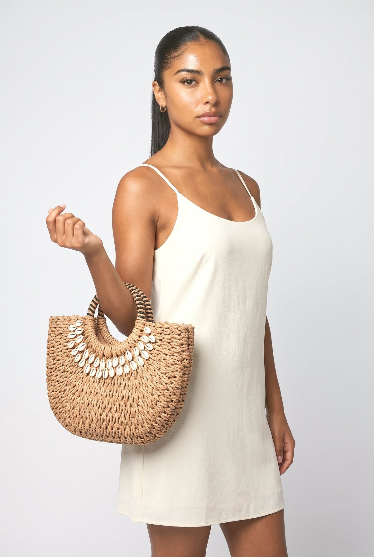 Shell Decor Straw Bag, worn, shown to scale