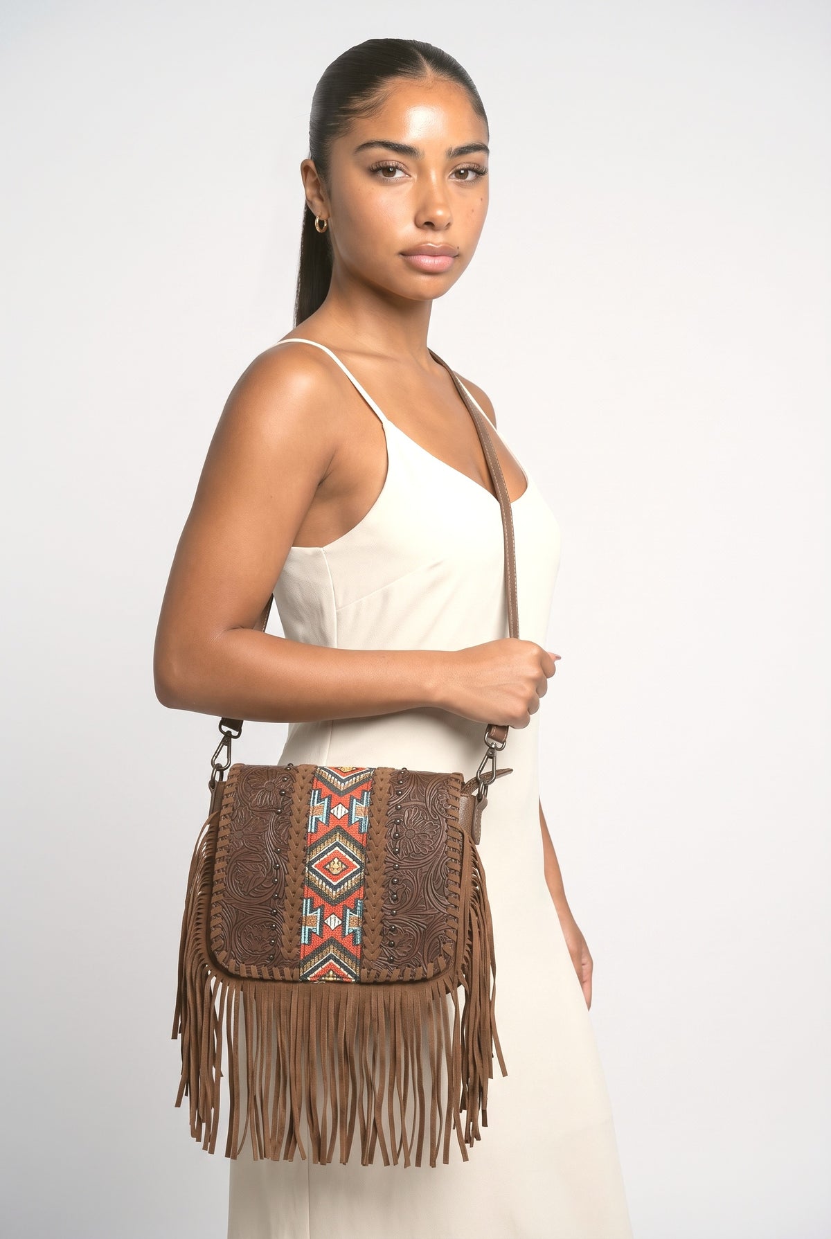 Brown Fringe Handbag, worn, shown to scale