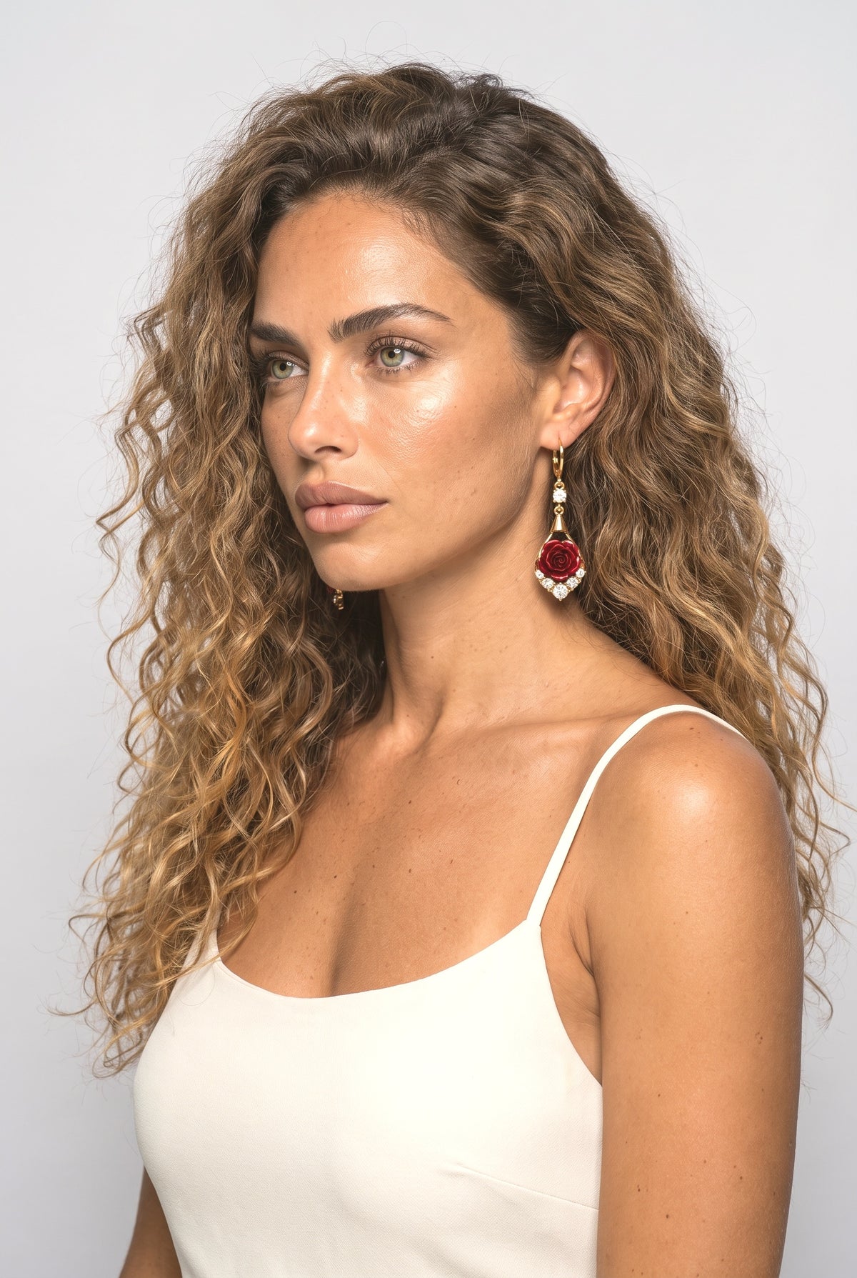 Red Drop Earrings, worn, shown to scale
