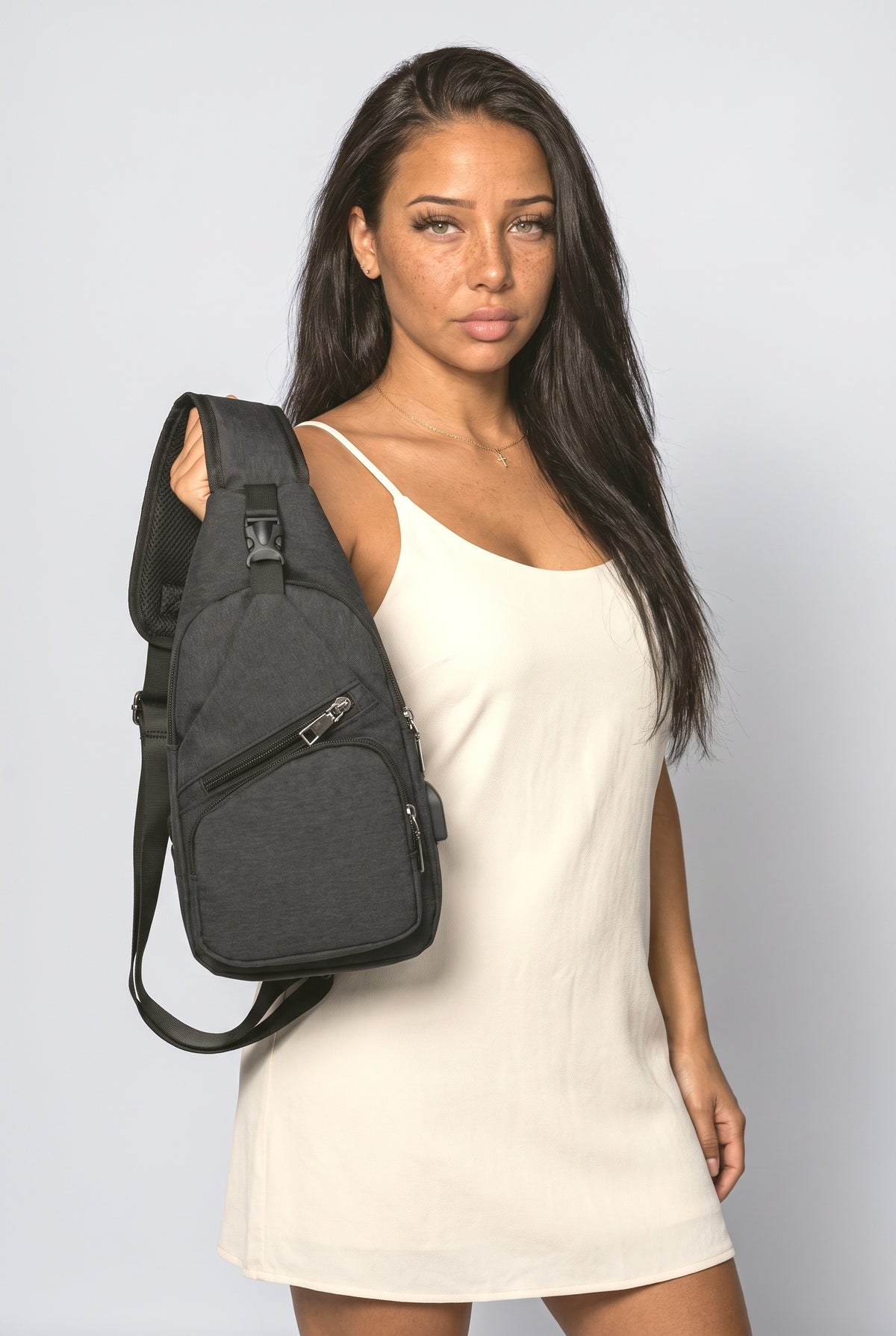 Crossbody Bag, worn, shown to scale