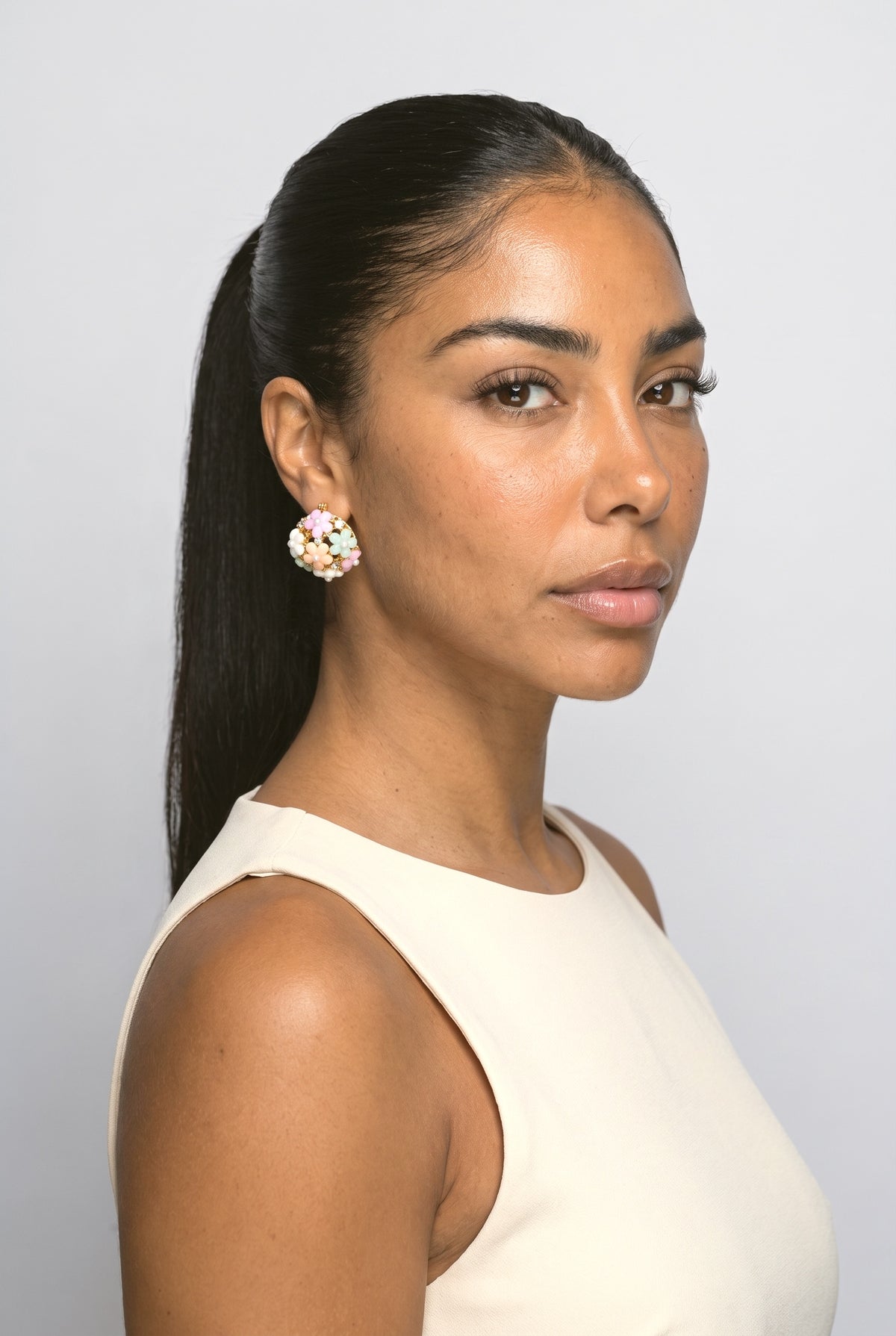 Floral Stud Earrings, worn, shown to scale