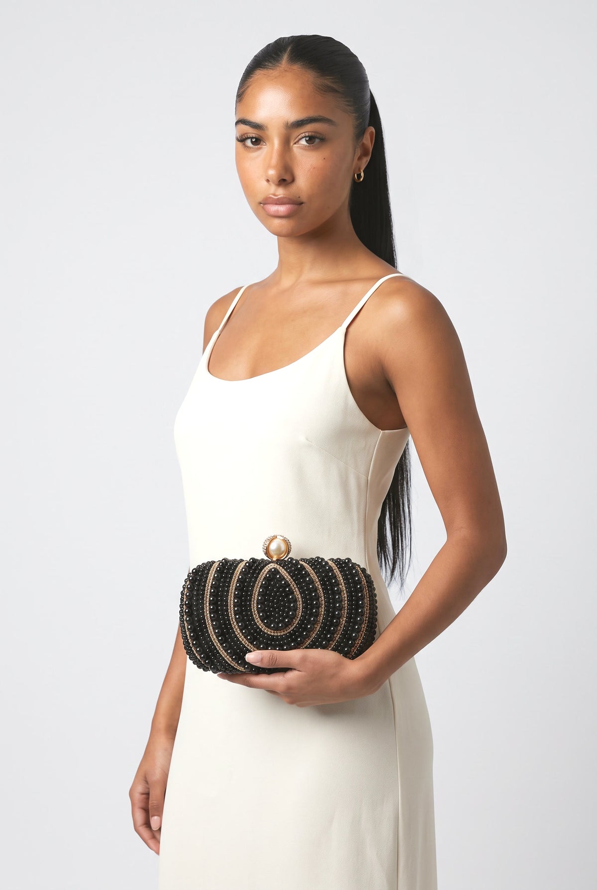 Vintage Pearl Evening Bag Handmade Beaded Embroidery Bag, worn, shown to scale