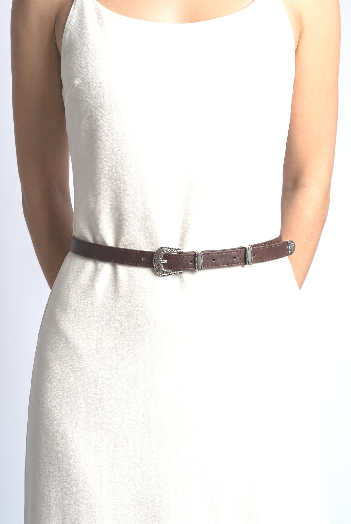 Leather Belt Women, worn, shown to scale