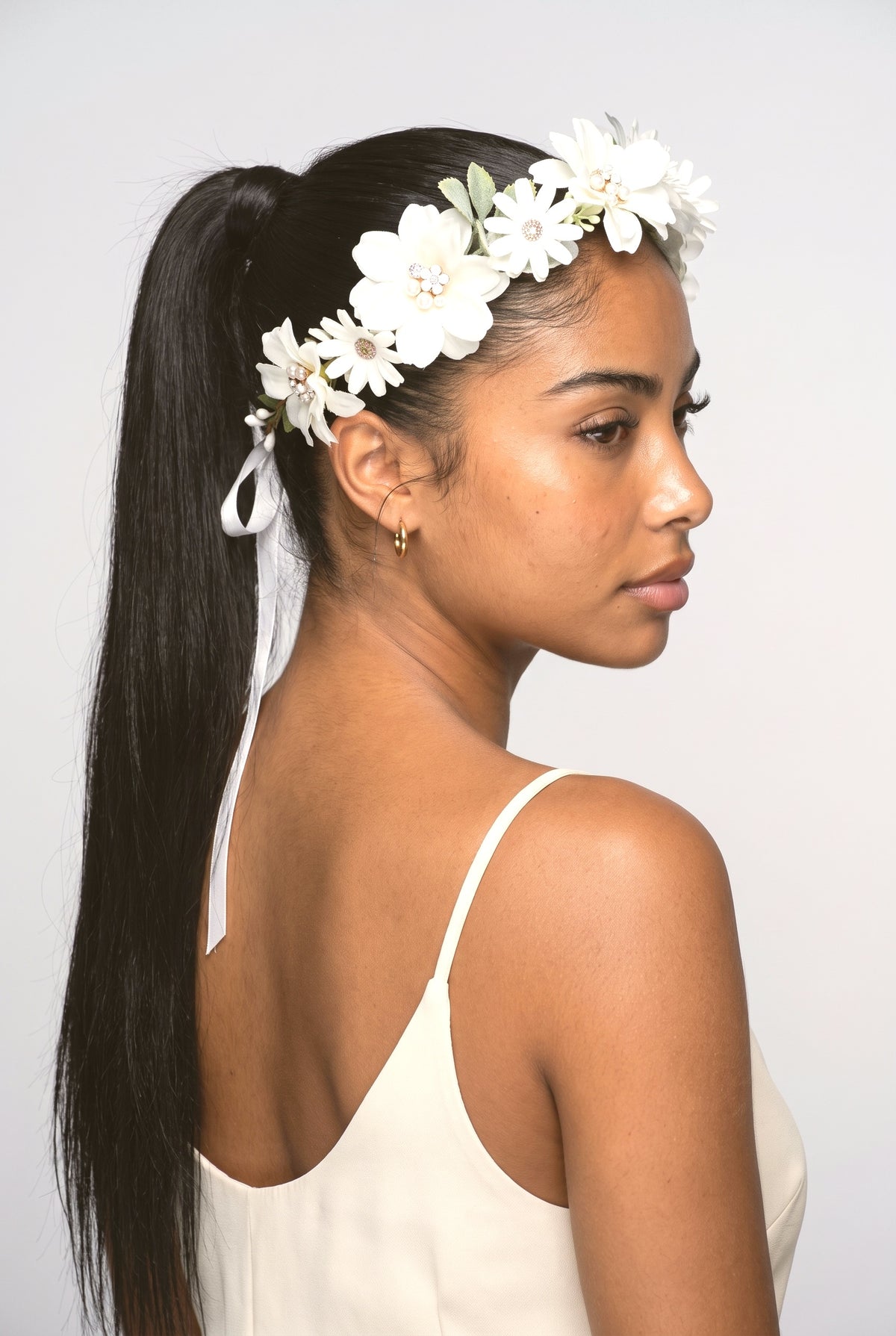 White Pearl Rhinestone Flower Crown, worn, shown to scale