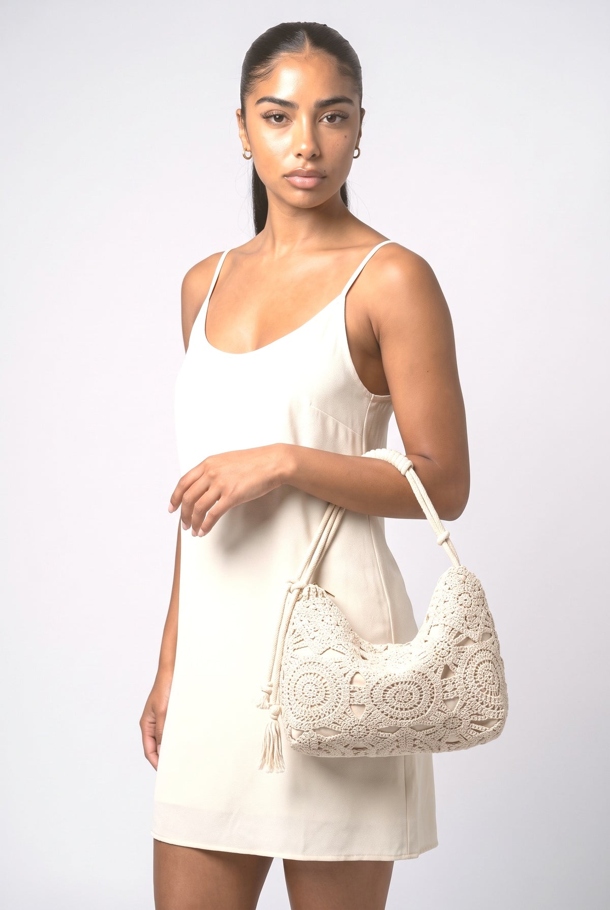 Boho Hollow Crochet Knitted Hobo Shoulder Bag, worn, shown to scale