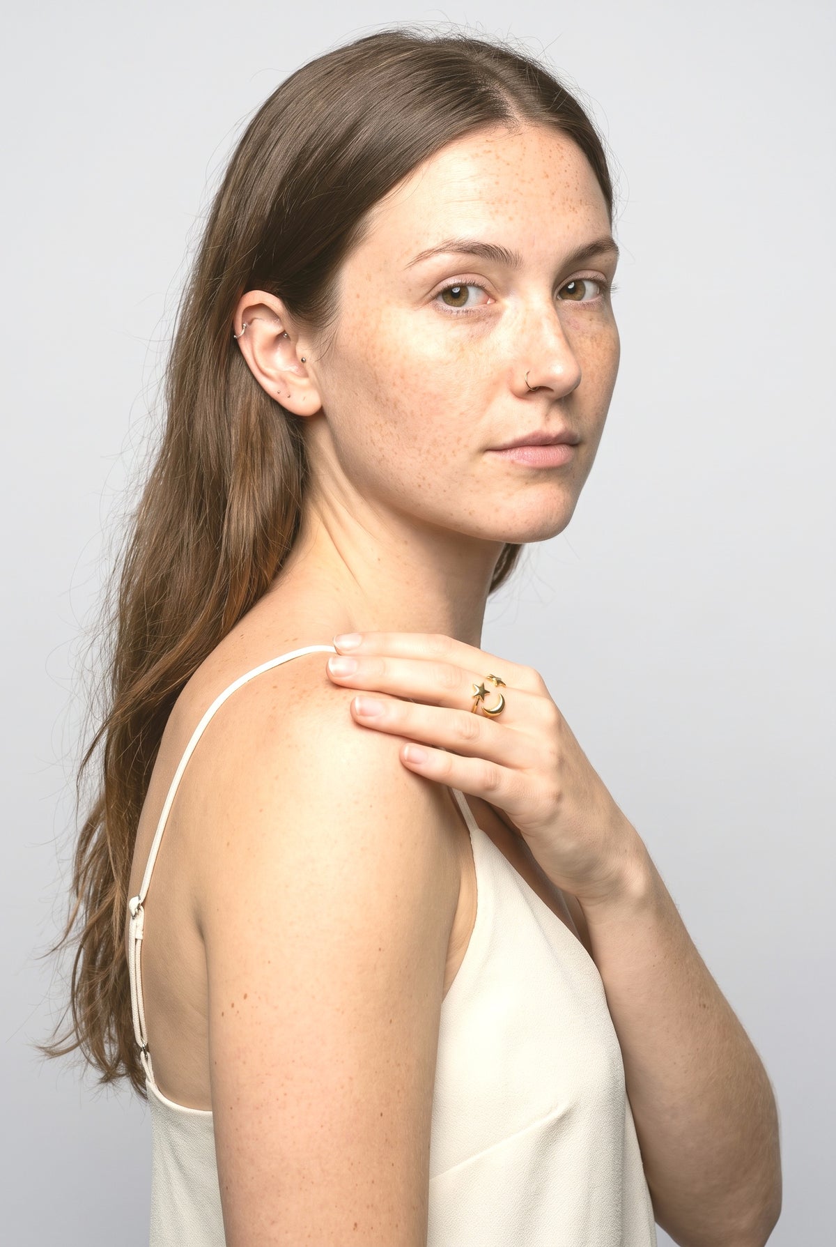 Stackable Rings, worn, shown to scale