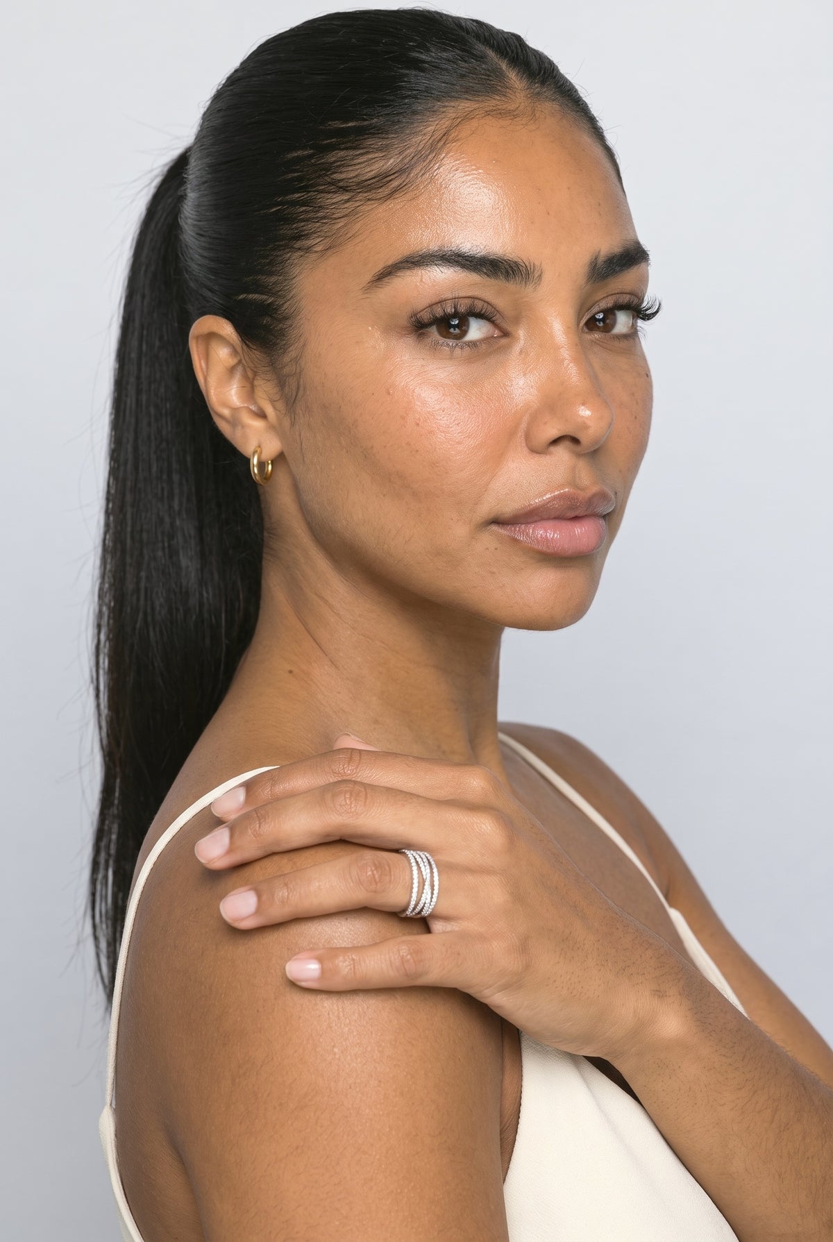 White Stackable Rings, worn, shown to scale