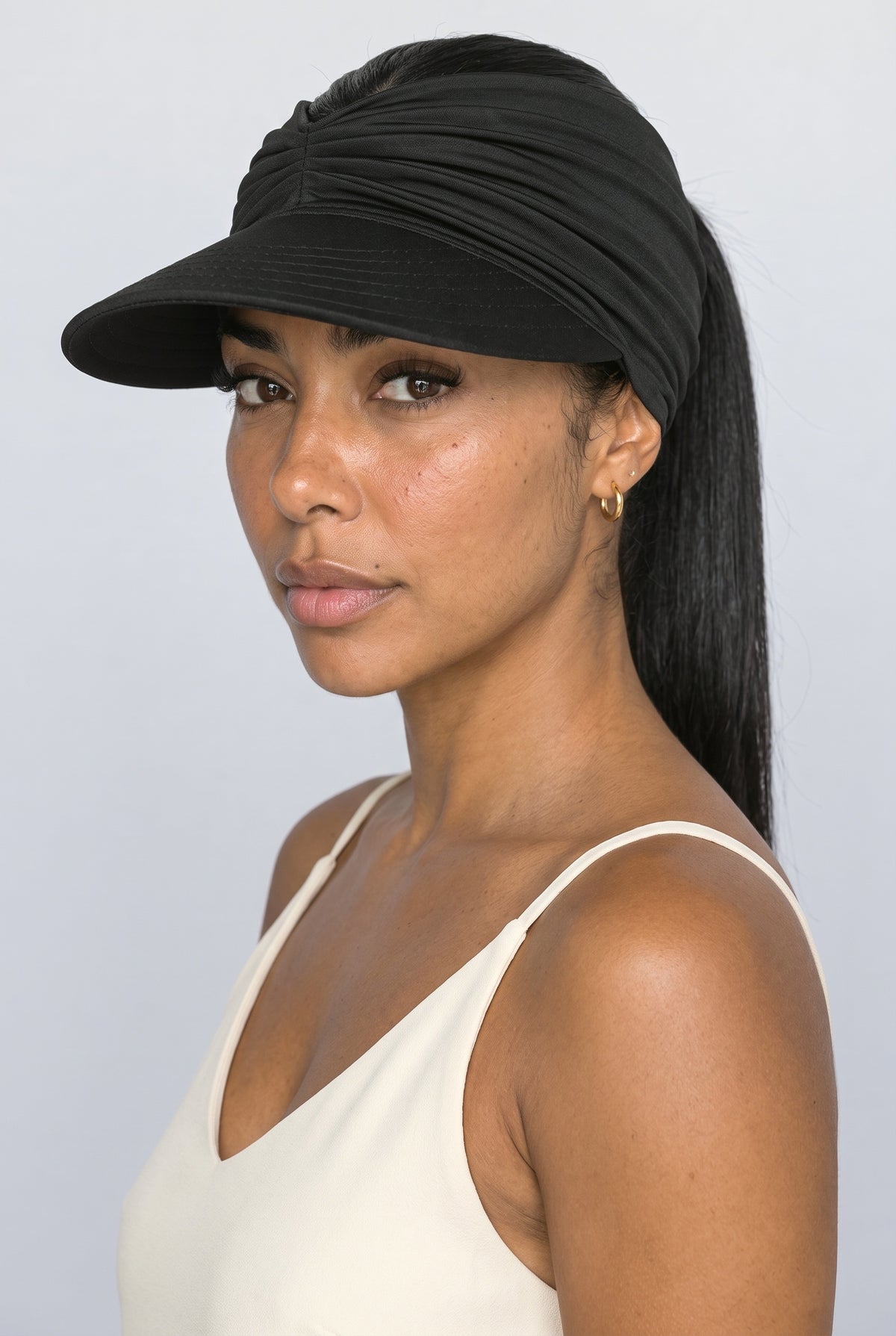 Ruched Beanie, worn, shown to scale